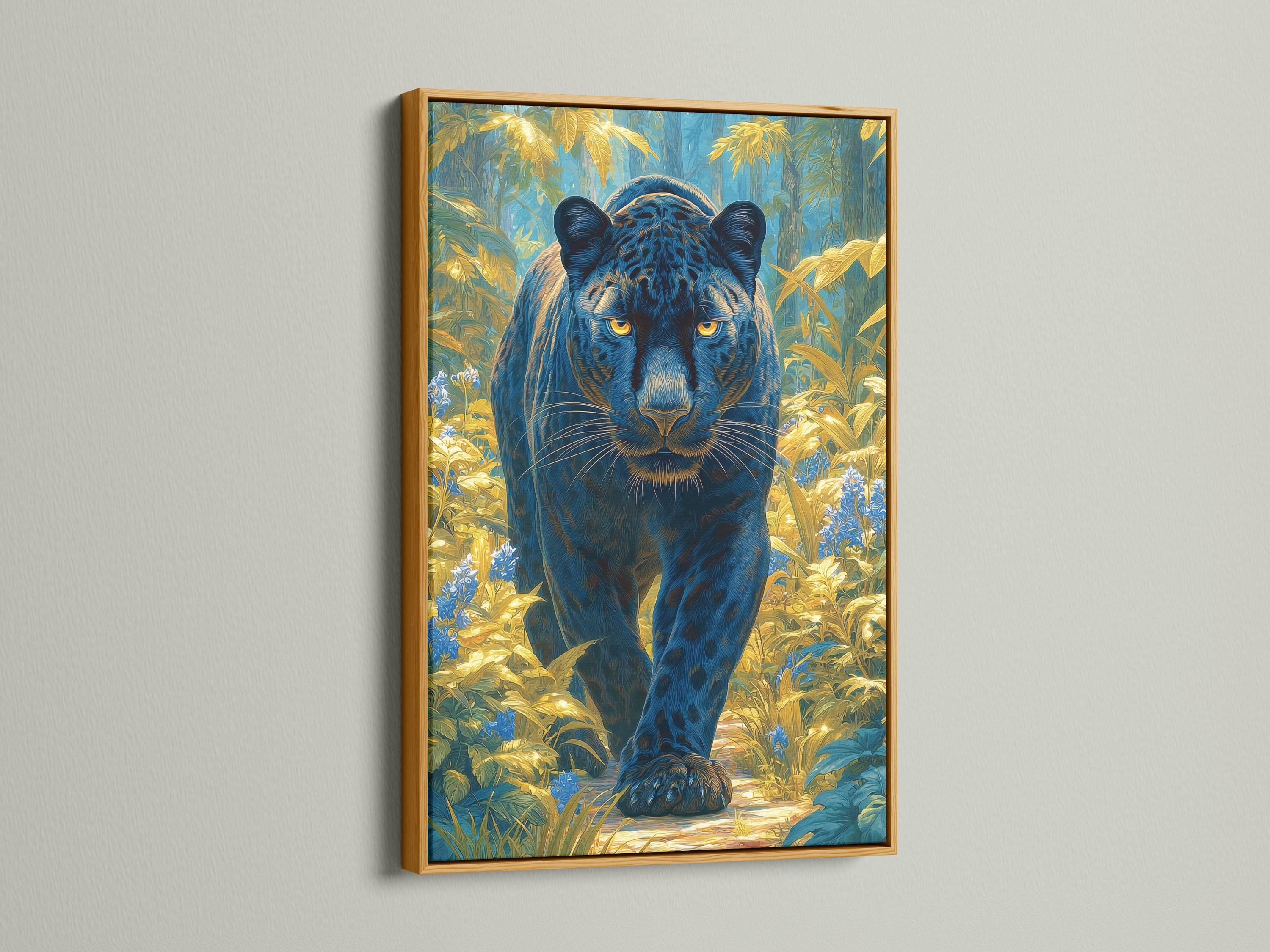 Stylised big cat with glowing golden eyes in a blue and gold jungle scene detail view