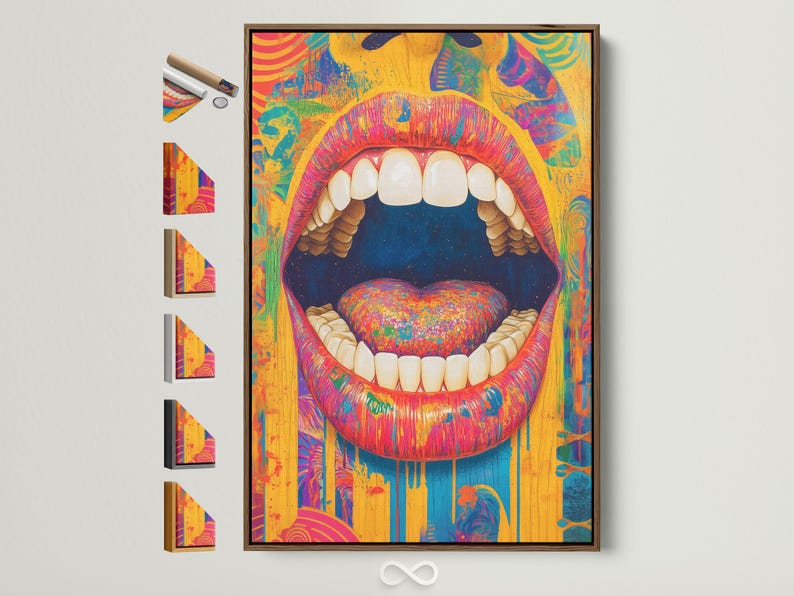 Surreal pop-art mouth with detailed teeth and a bright heart centre in vibrant colour blocks