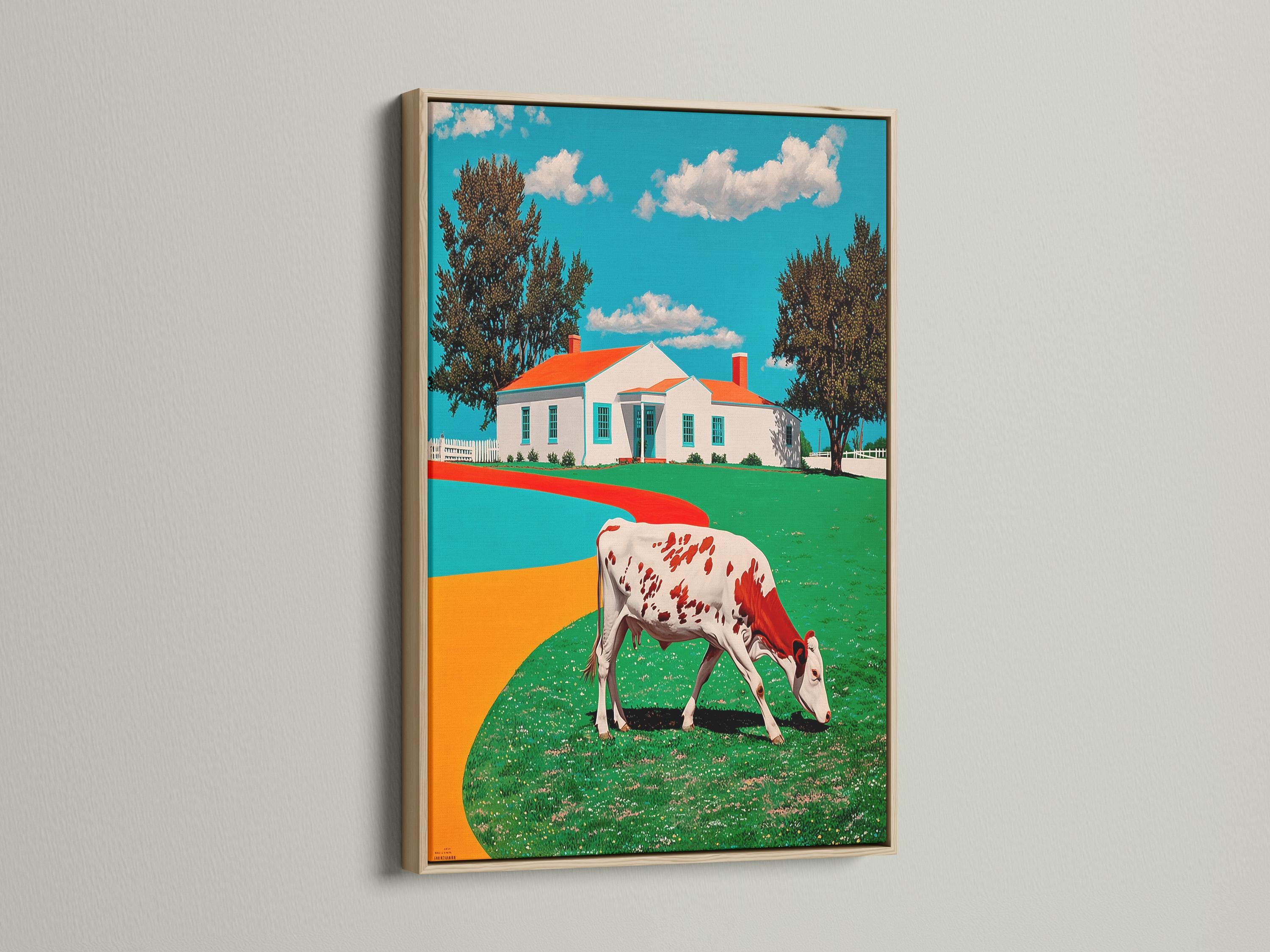 Red and white cow standing in front of a colourful farmhouse countryside illustration detail view