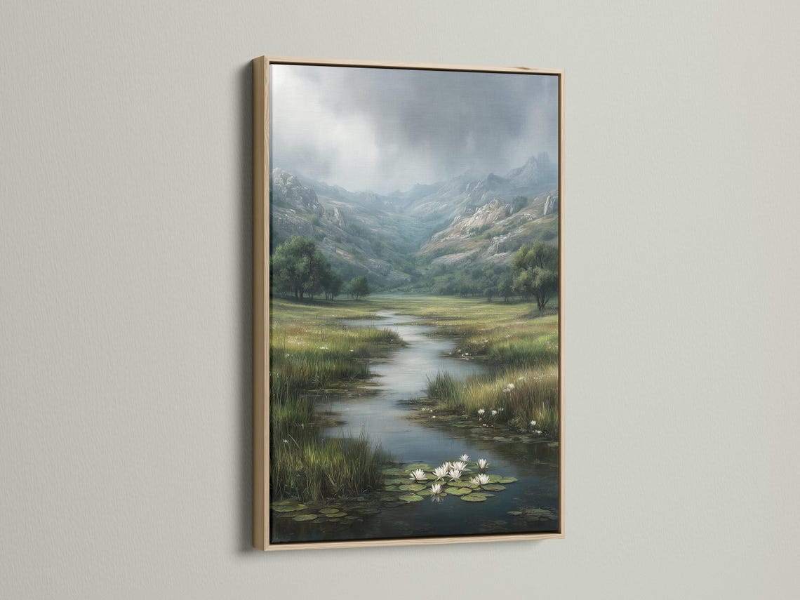 Painterly landscape of a river valley with misty mountains and lily pads with white flowers detail view