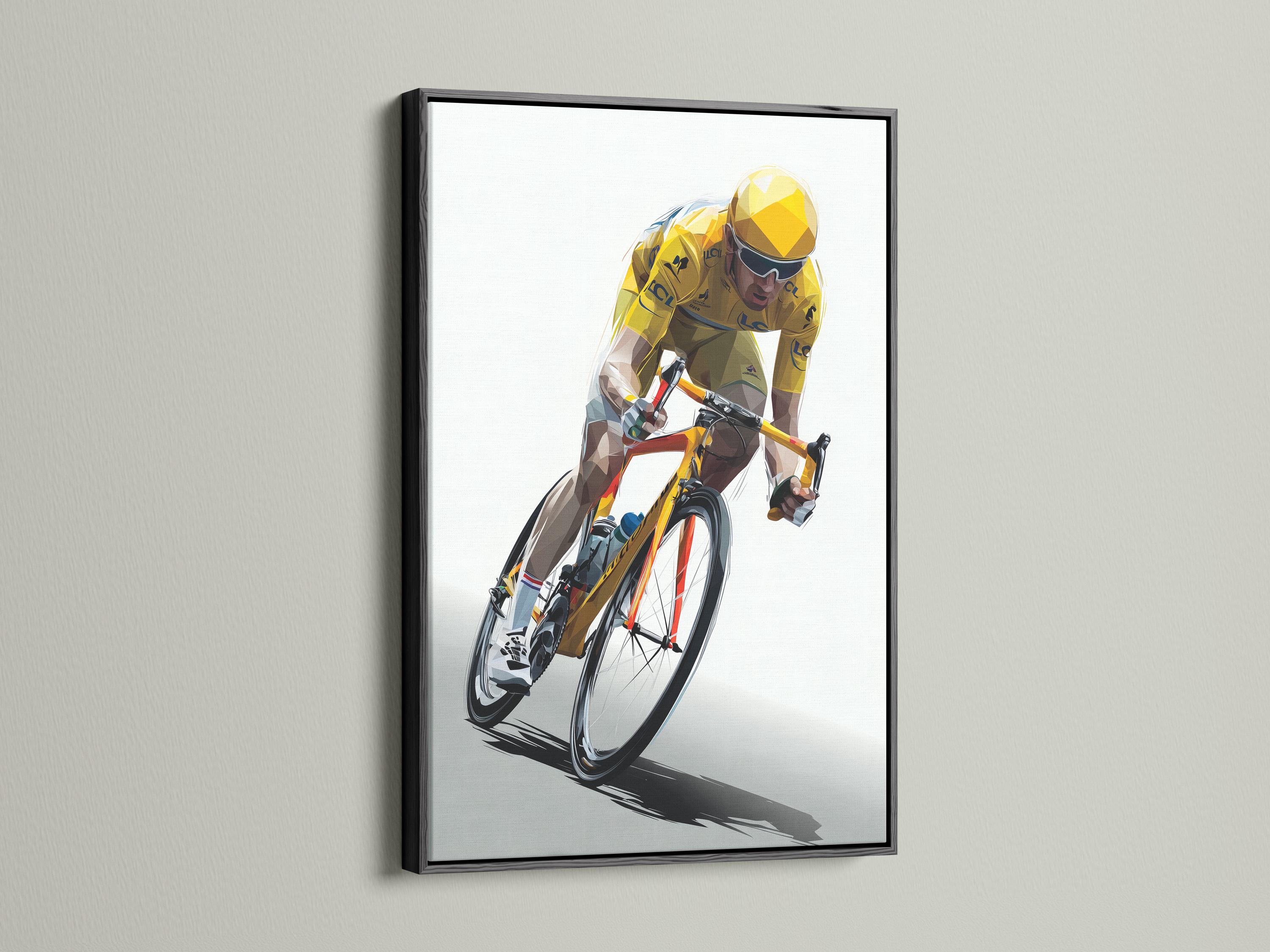 Wall mockup with a framed geometric cyclist artwork in yellow and black