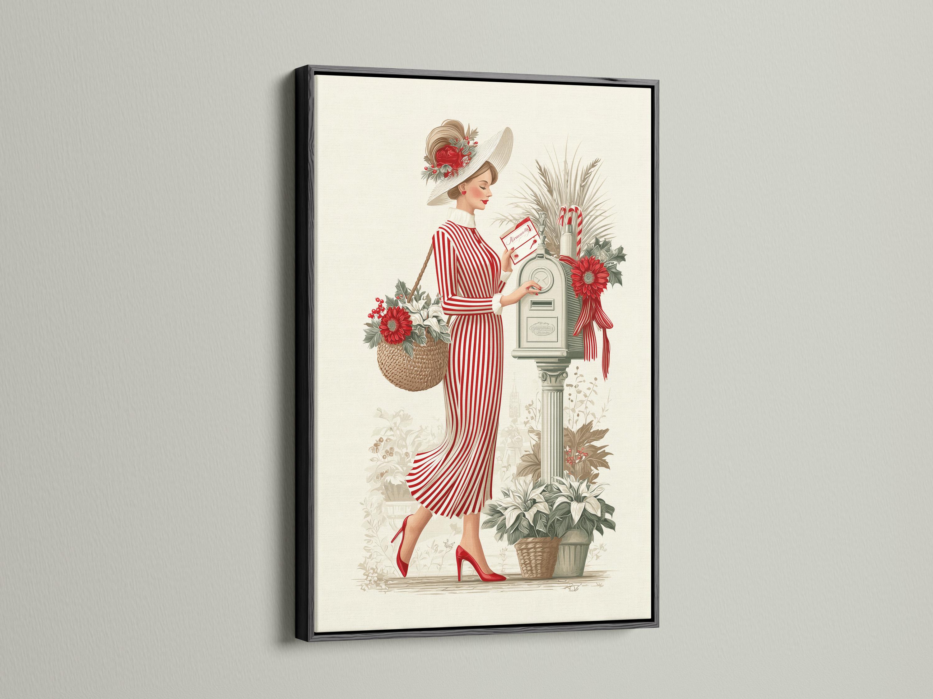 Vintage lady illustration in a red striped dress with a floral hat beside a vase of red flowers detail view