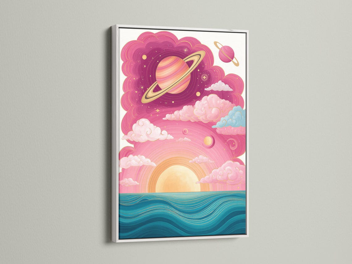 Whimsical ringed planet over swirling pink clouds with rainbow and teal ocean waves detail view