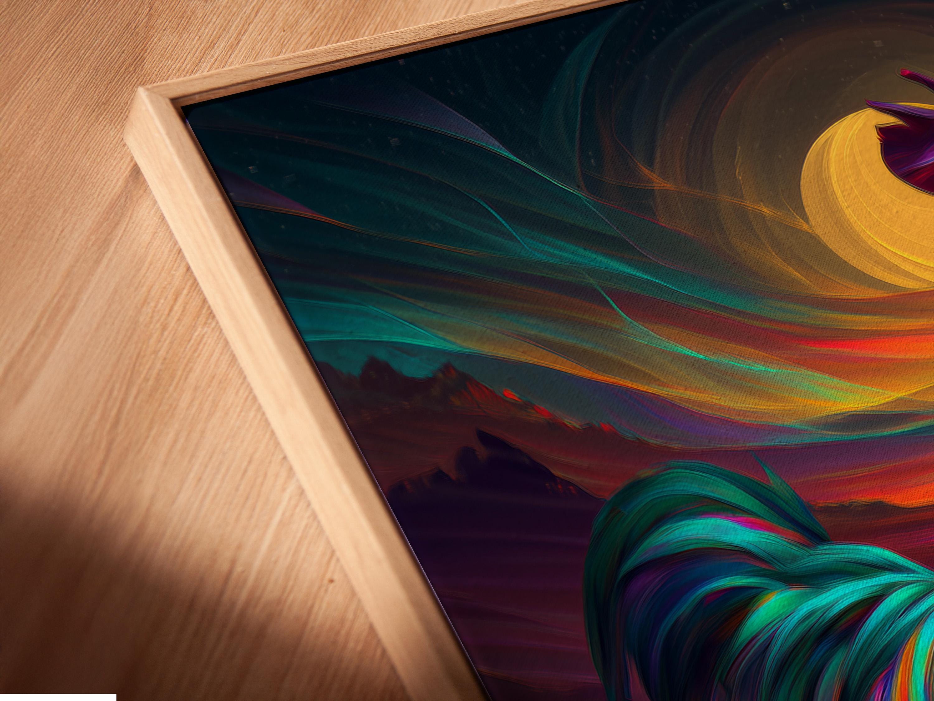 Stylised rainbow-feather rooster standing in front of a glowing sunset landscape detail view