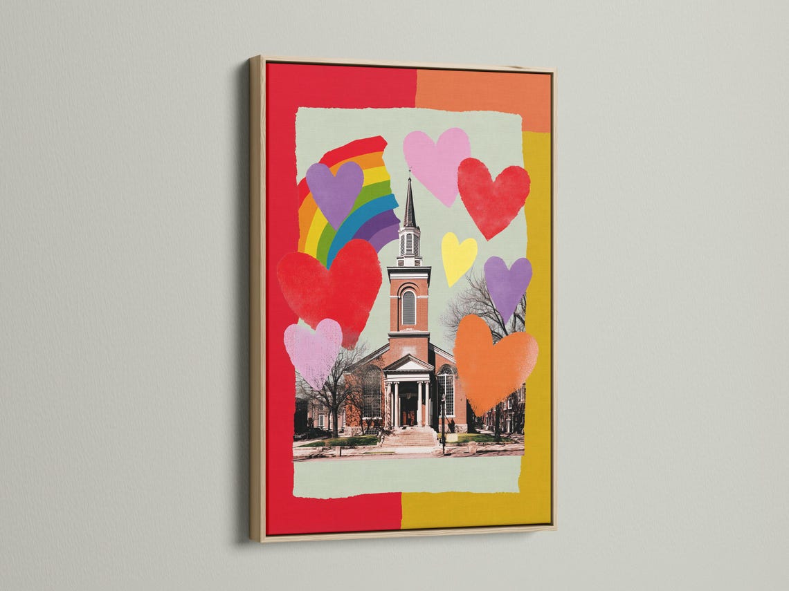 Rainbow hearts church artwork with a rainbow arch and colourful heart shapes detail view