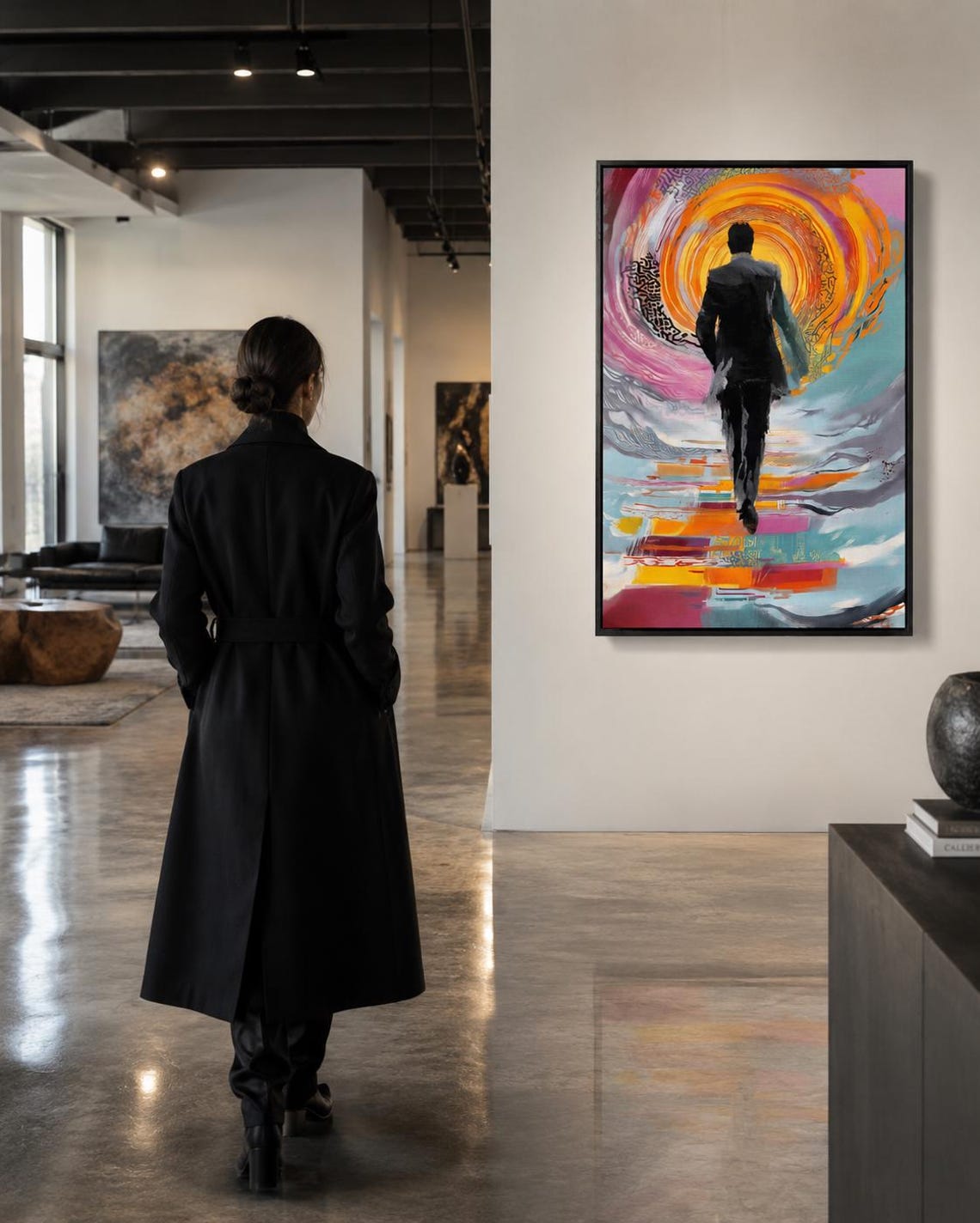 Person seated in a living room with a framed abstract man silhouette artwork on the wall