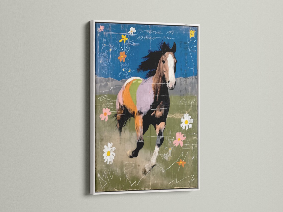 Running horse artwork with flowers and white scribble linework on blue and green background detail view