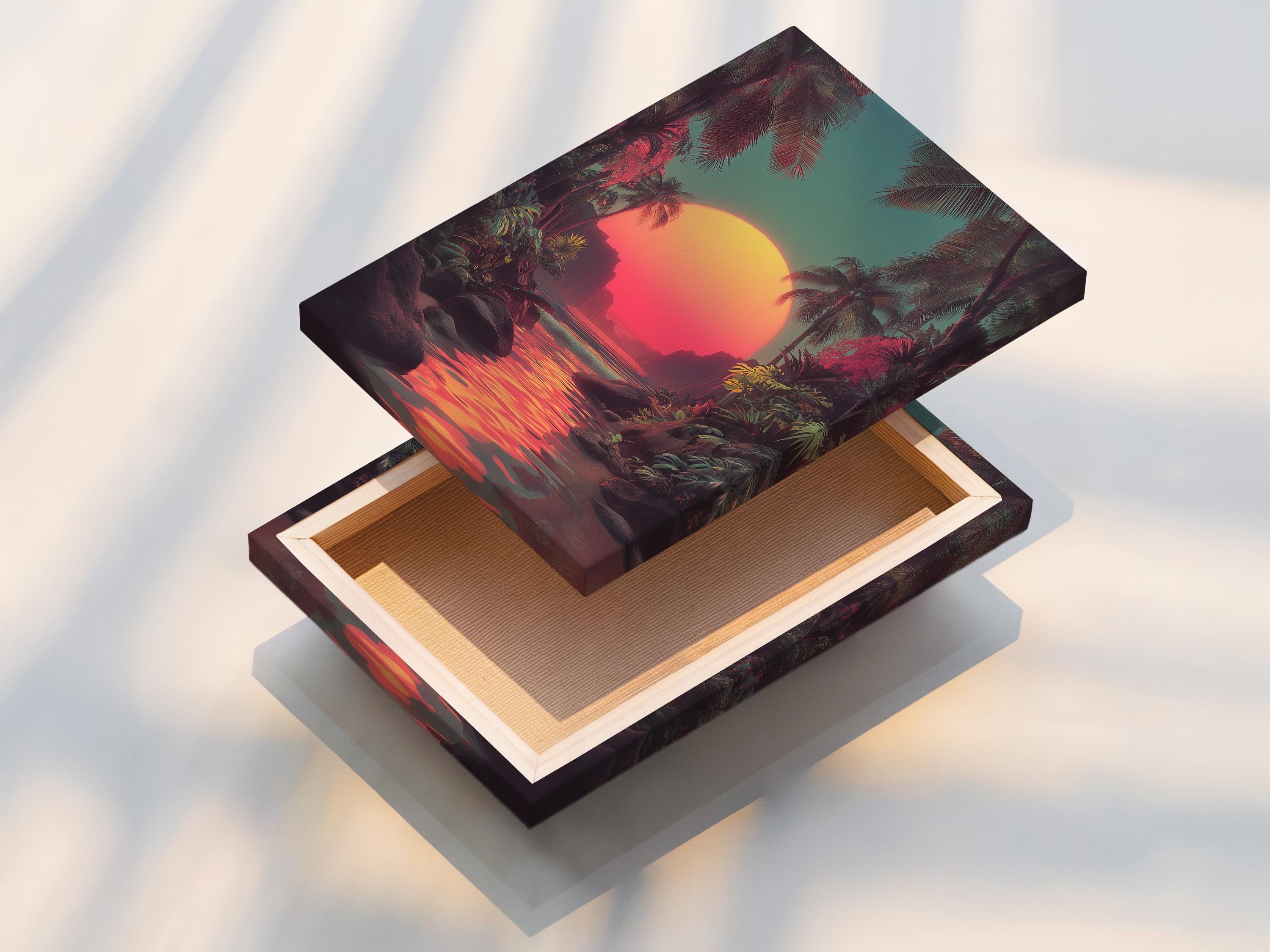 Mockup showing a framed retro tropical sunset seascape with palm trees and reflective water