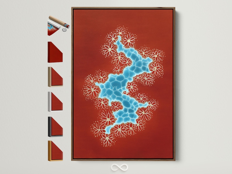 Red background with a blue river shape, white line-art flowers, and small gold speckles