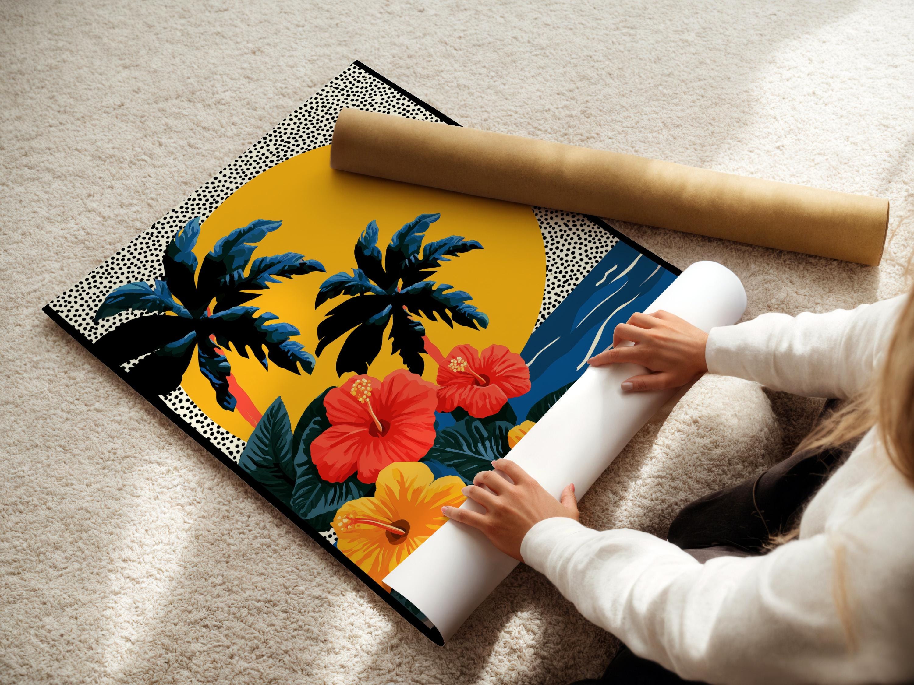 Wall mockup of tropical floral artwork with palm leaves, hibiscus-like flowers, waves and a yellow sun circle