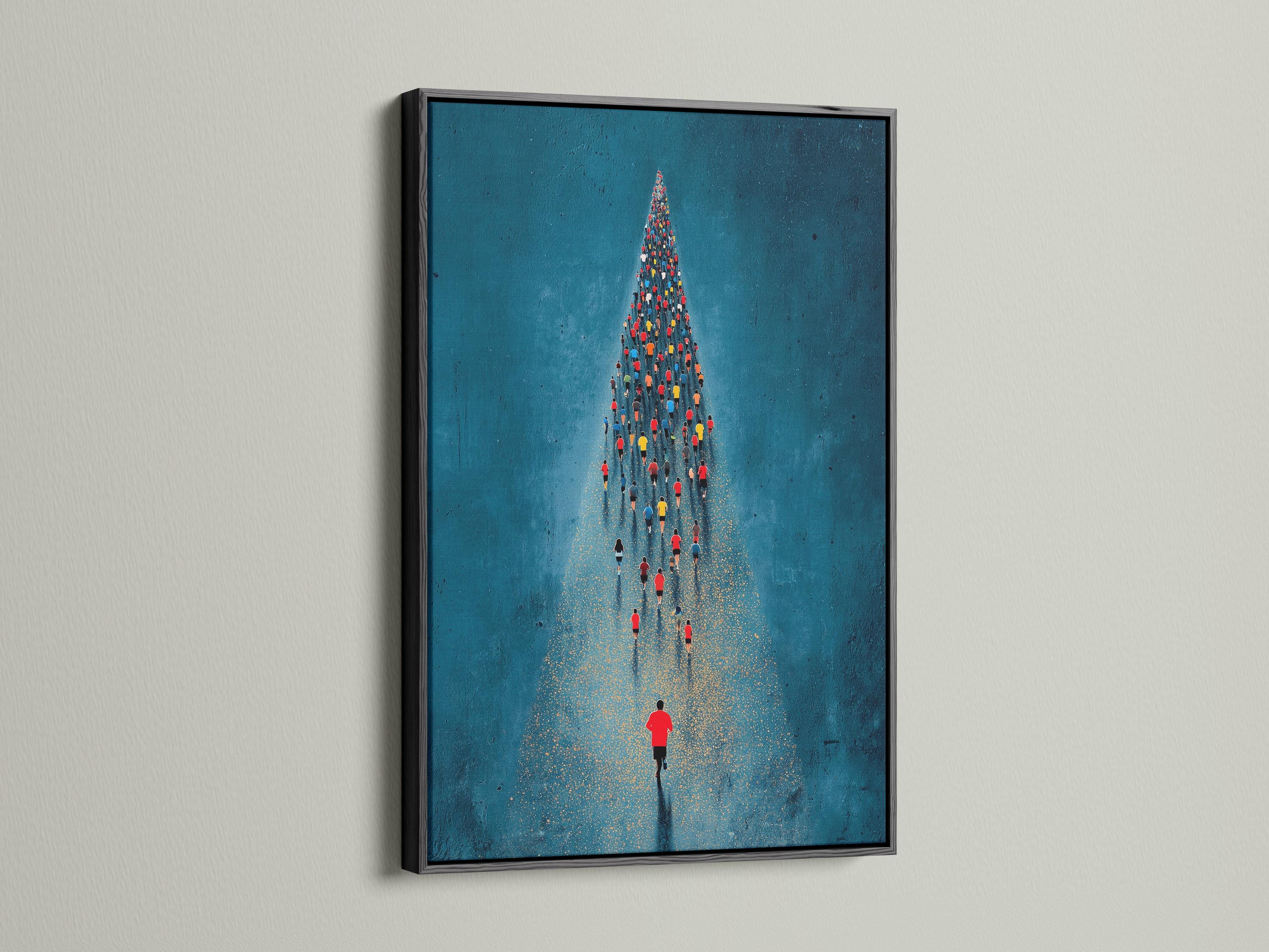 Teal-blue running crowd scene with a lone red-shirt runner and gold speckled path detail view