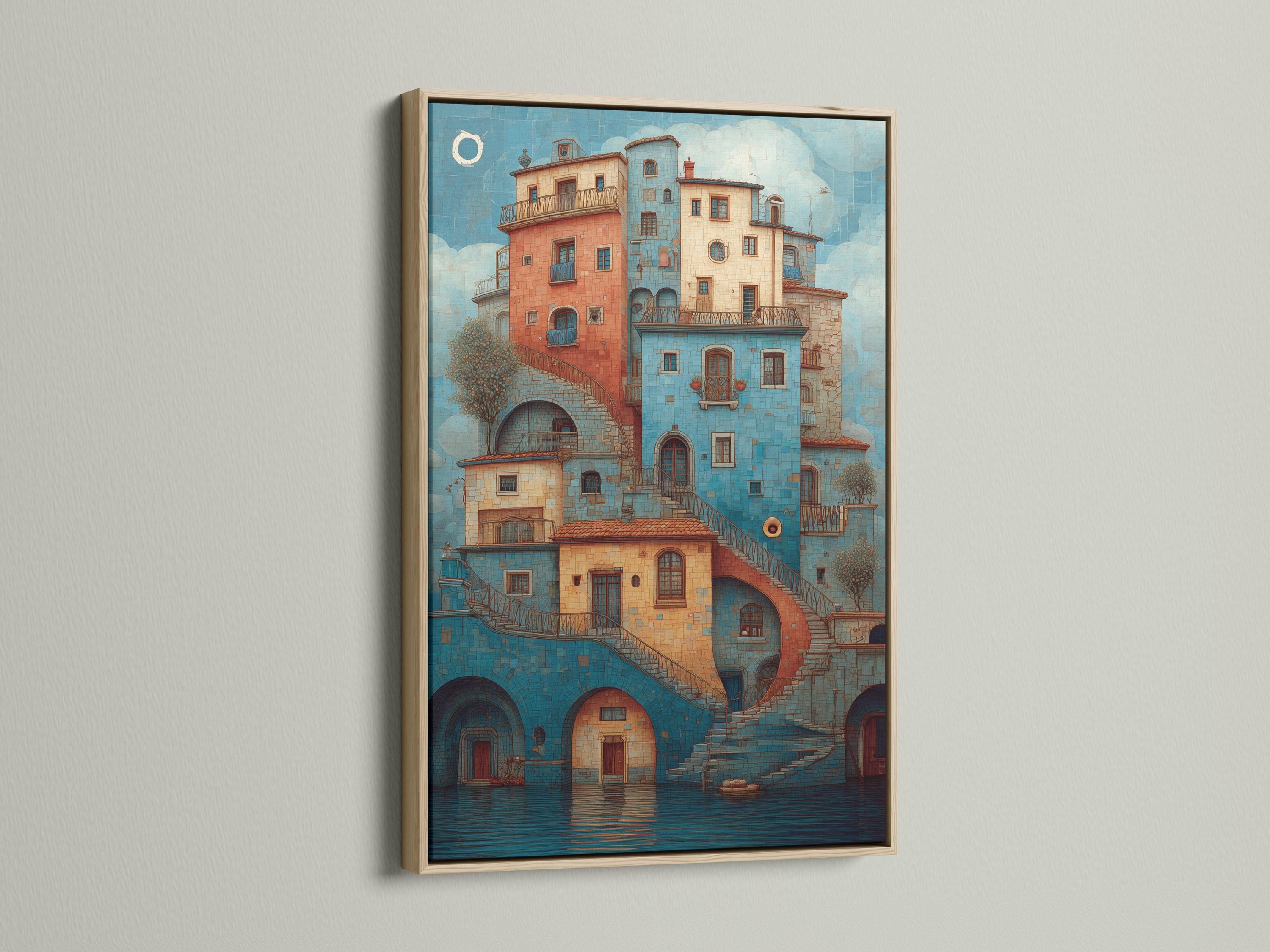 Turquoise and coral Mediterranean cityscape with arched windows, balconies, staircases and reflective water detail view