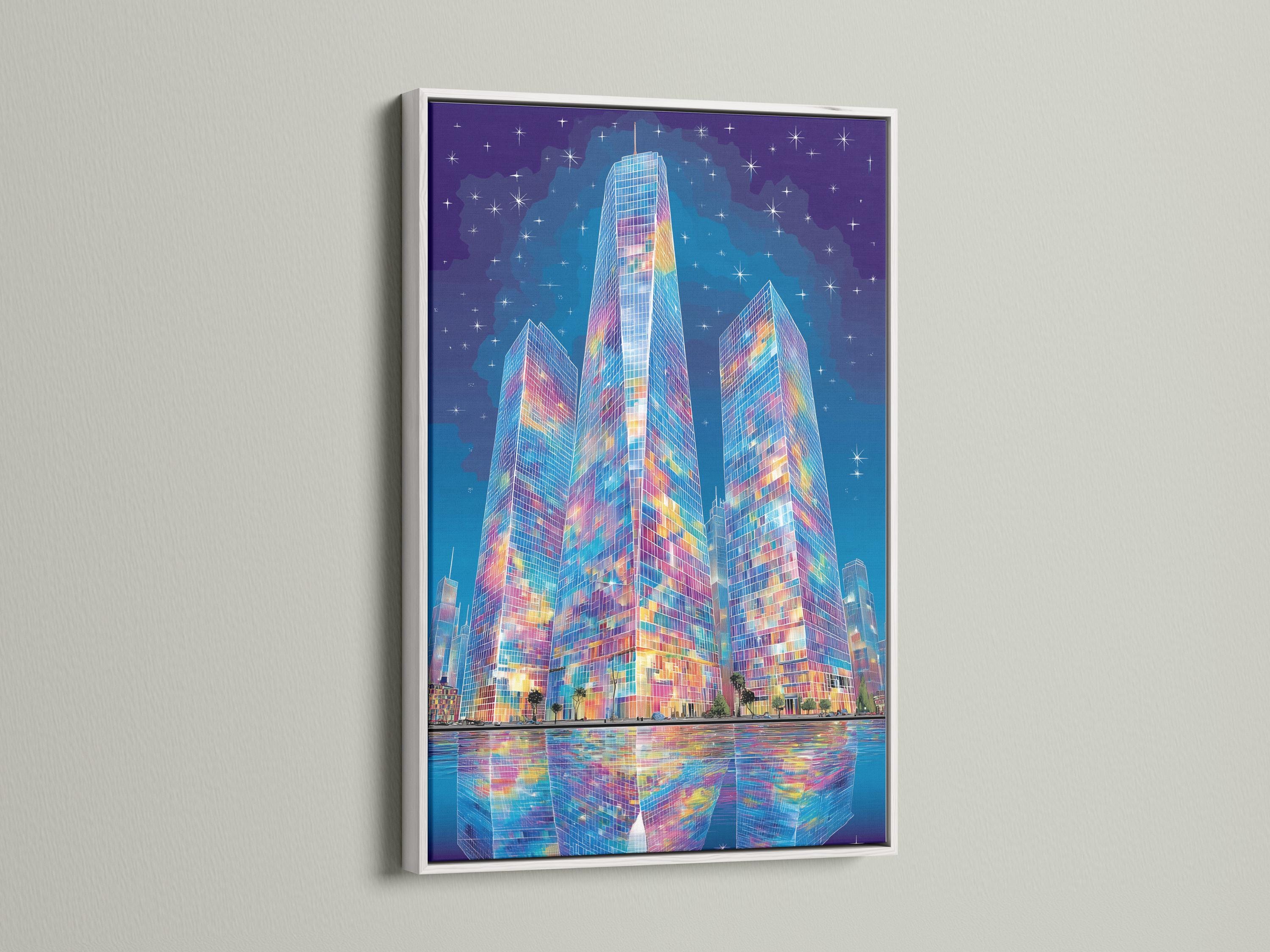 Mockup showing an artwork of a colourful abstract city skyline with skyscrapers and starry sky