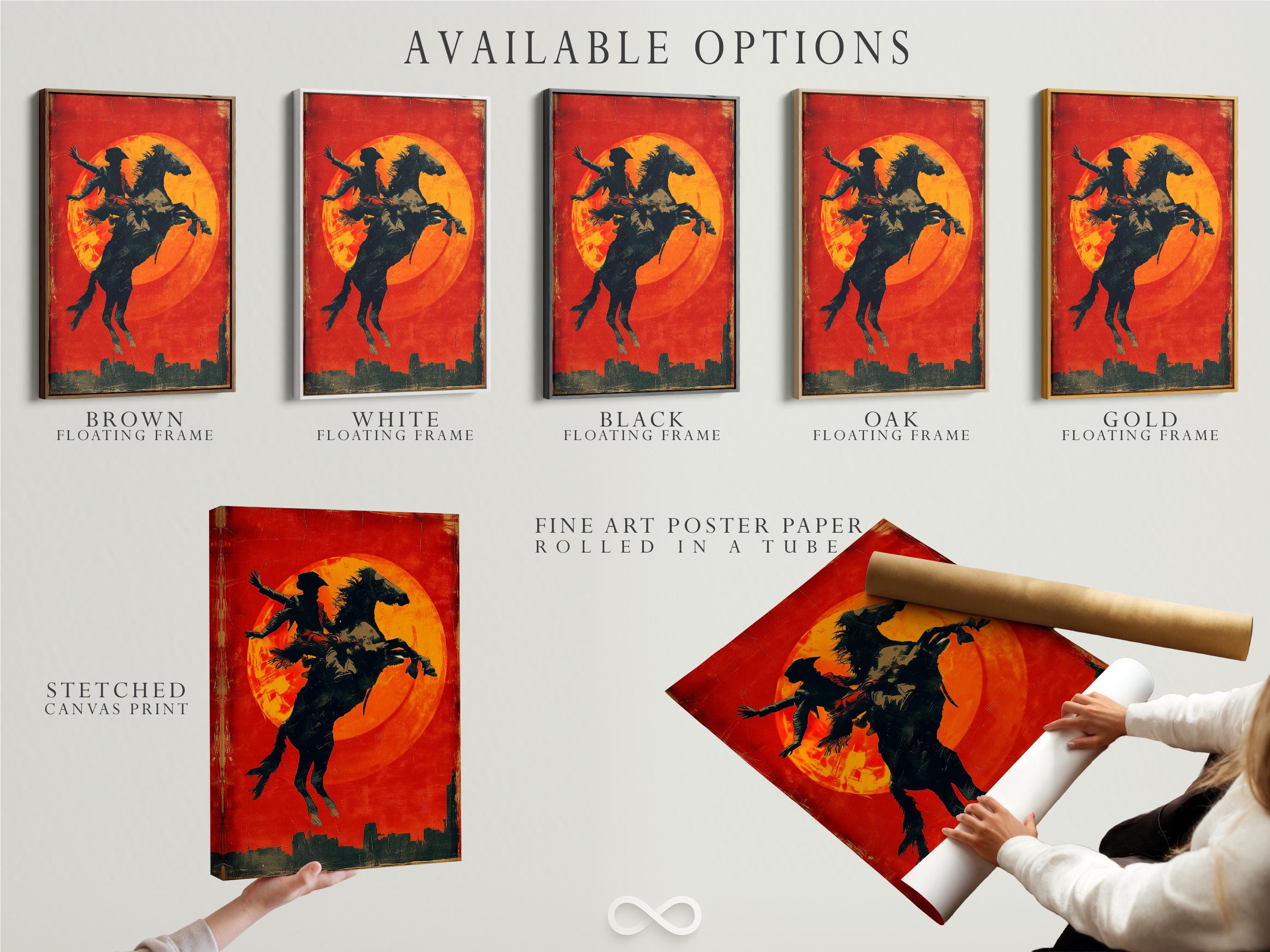 Silhouette of a cowboy riding a horse against a glowing orange sun on a red textured background detail view