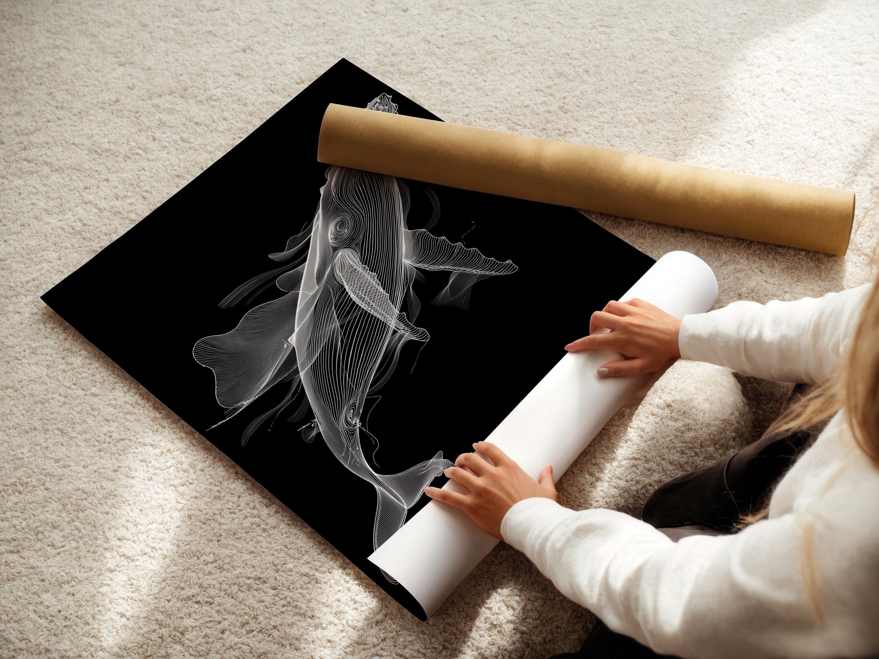 White line-art whale illustration on a dark black background detail view