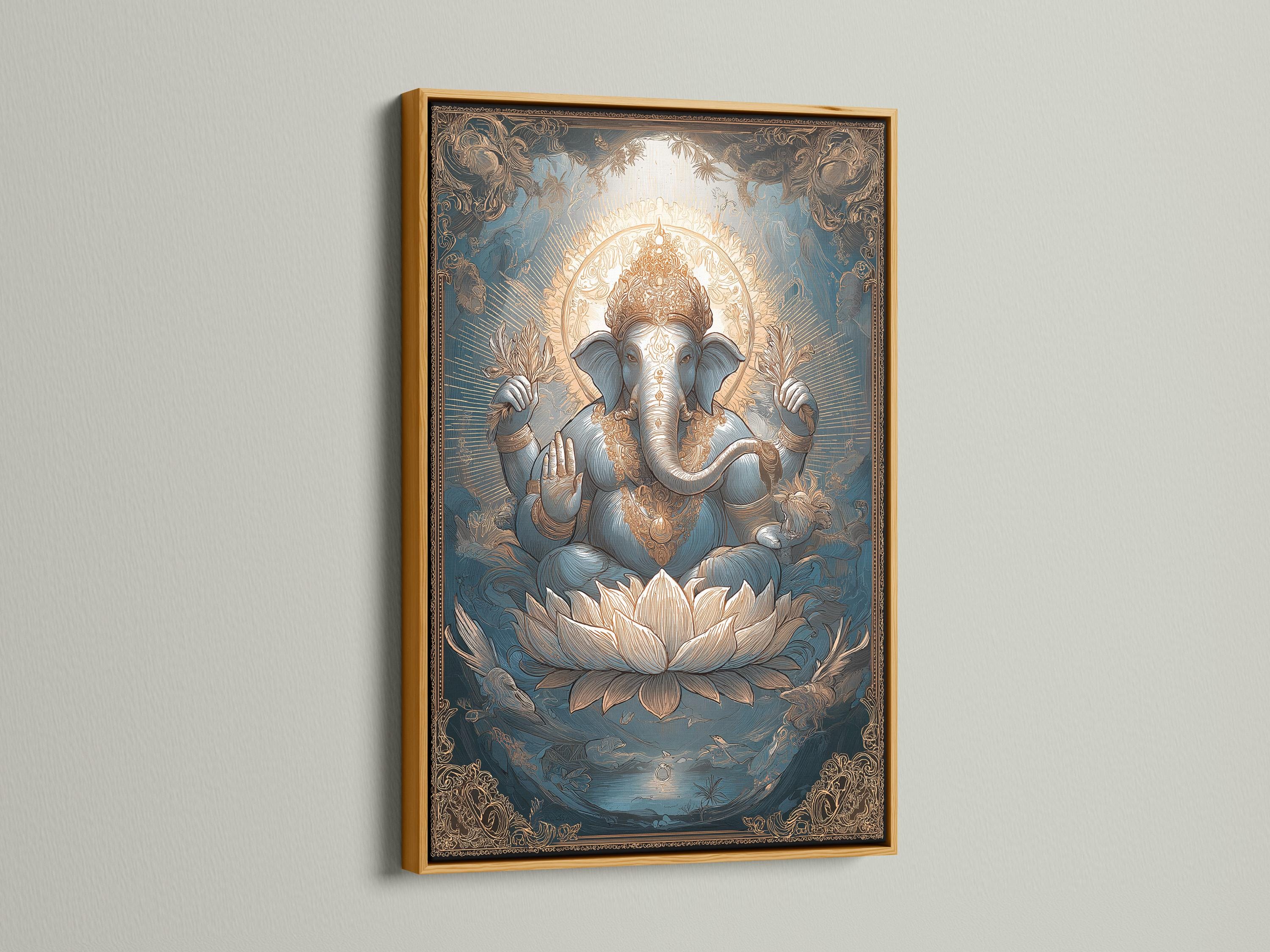 Ornate teal and gold illustration of an elephant-headed deity seated on a lotus detail view