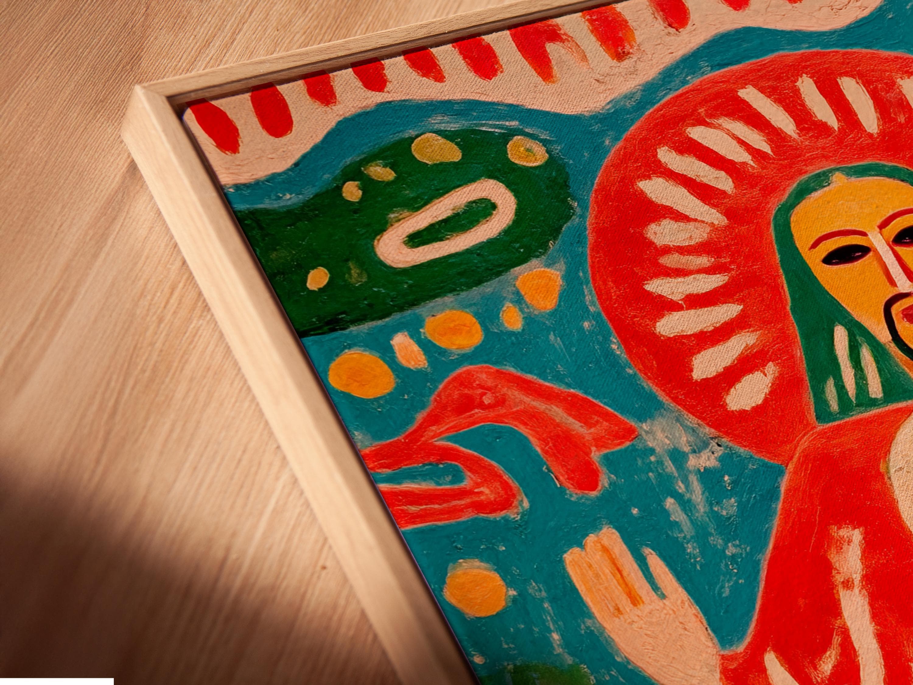 Religious sacred figure artwork displayed above a decorative console in a living room