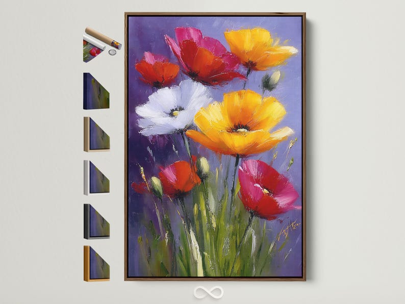 Painterly poppy flowers bouquet in red, pink, yellow and white on a deep purple background