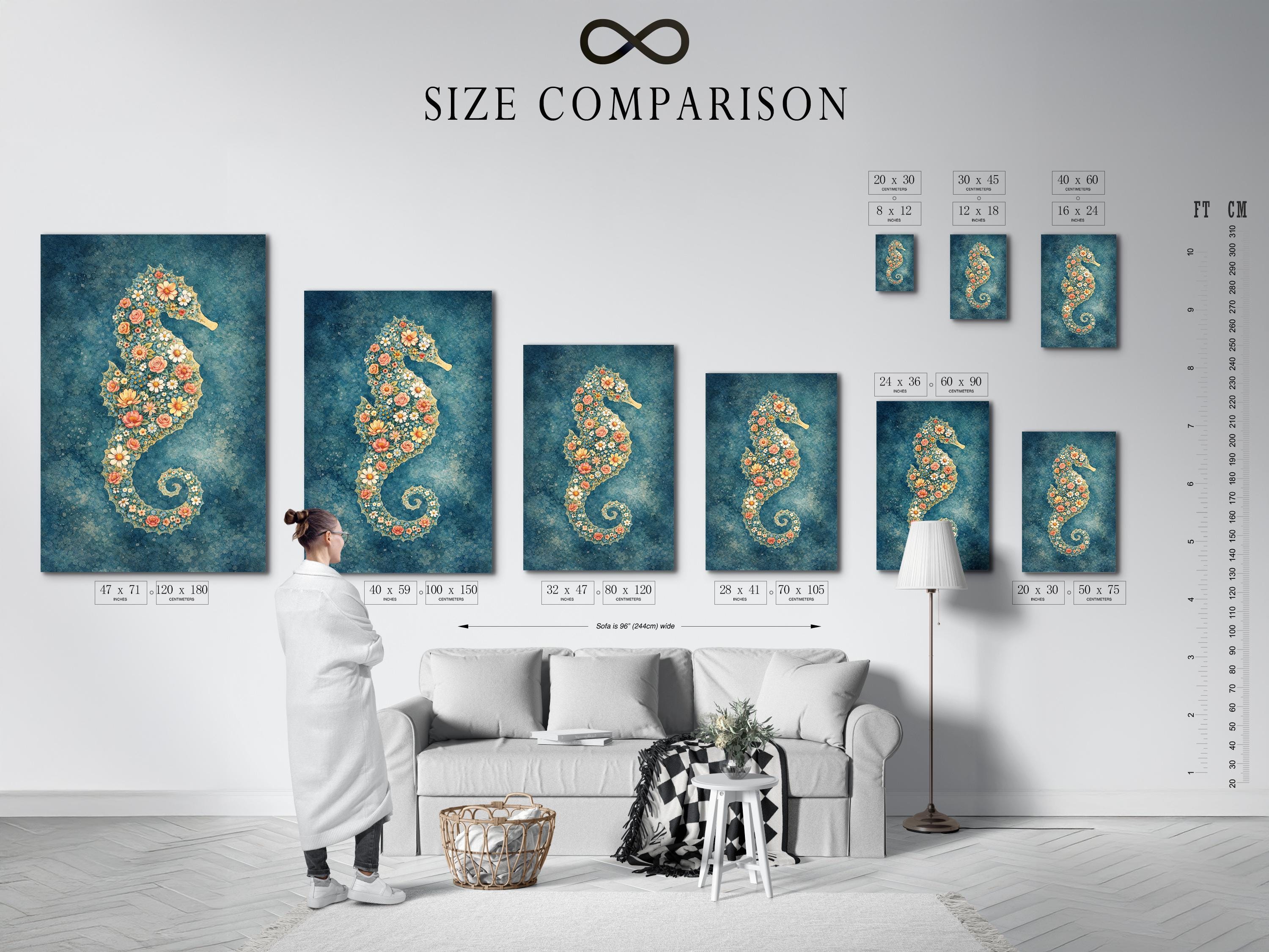 Room mockup showing a framed floral seahorse artwork above a sofa