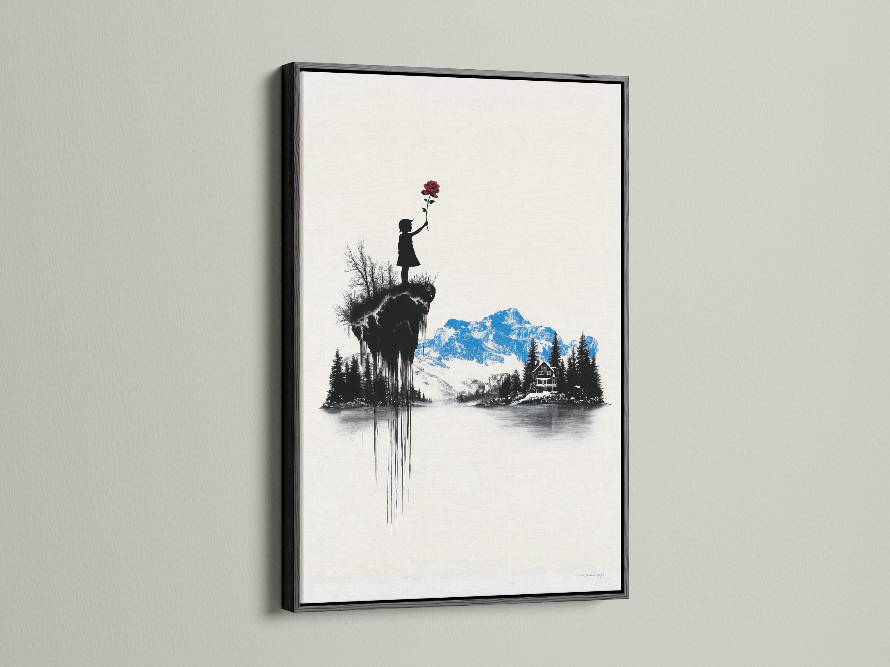 Room mockup showing a framed artwork of a monochrome mountain scene with a girl silhouette holding a red rose