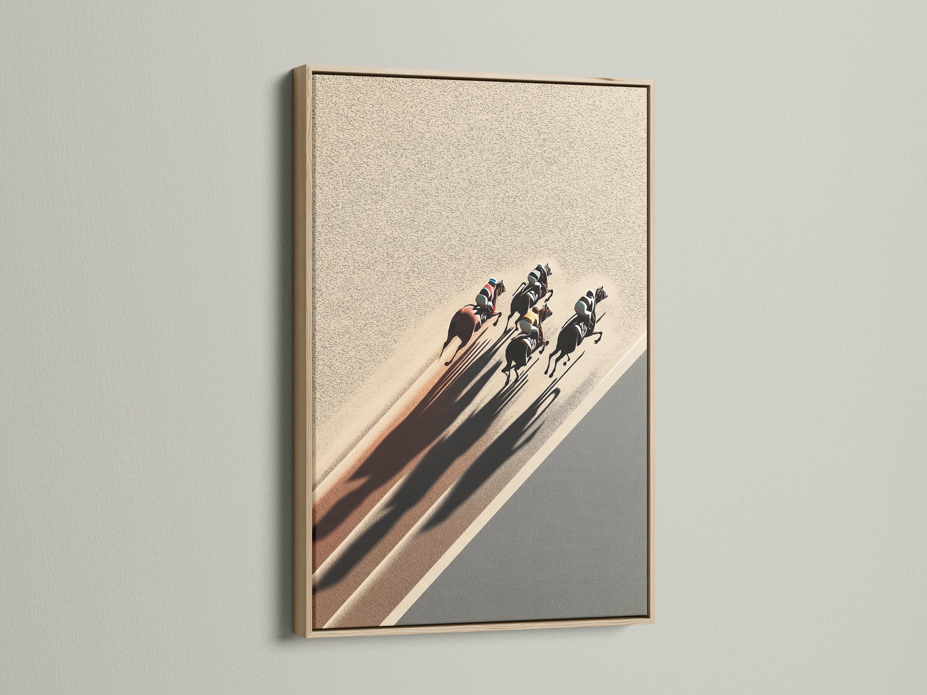 Racehorses and riders galloping along a diagonal sandy track with long dark shadows detail view