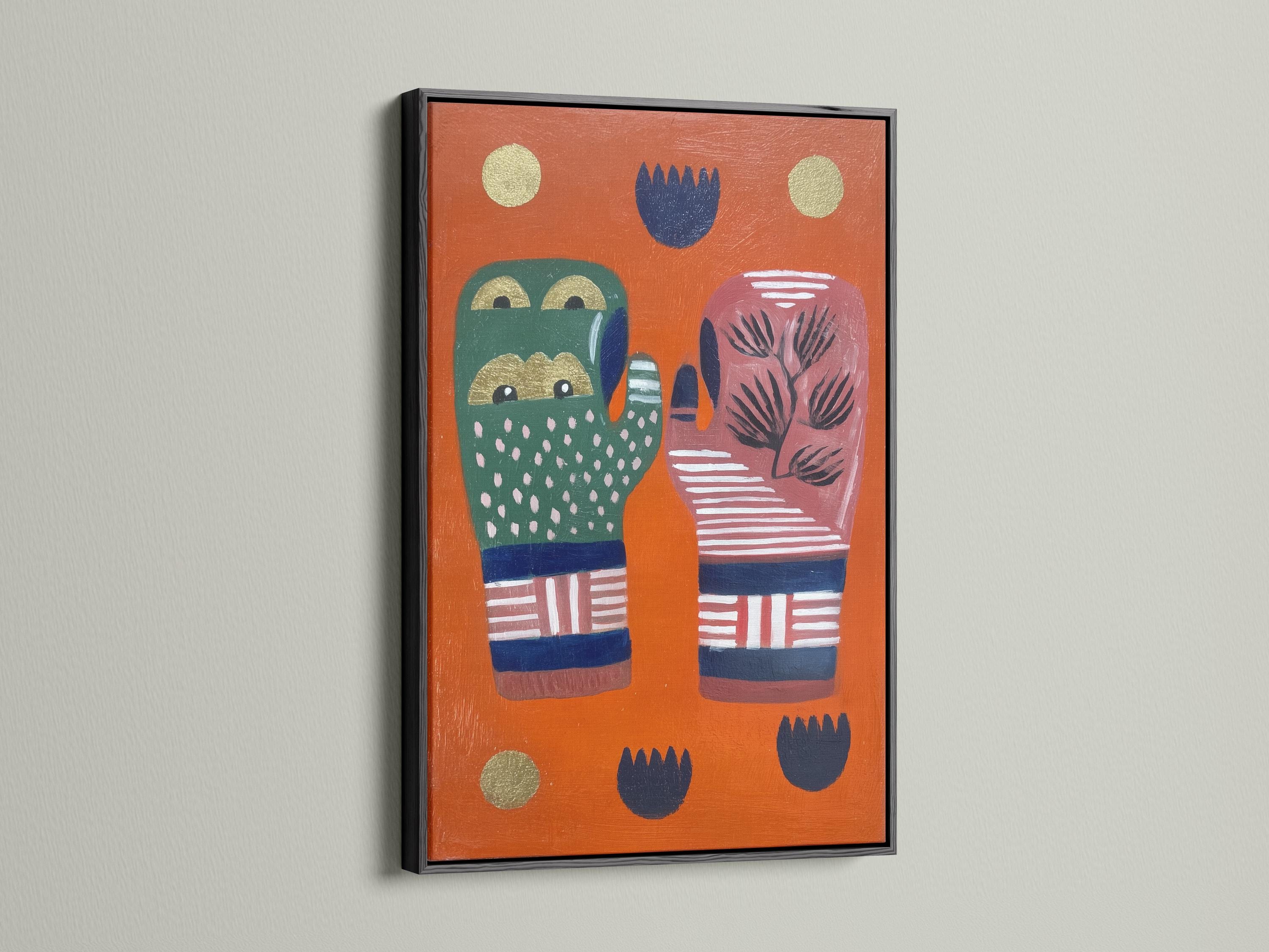 Room mockup showing orange folk art hands artwork with tree motif