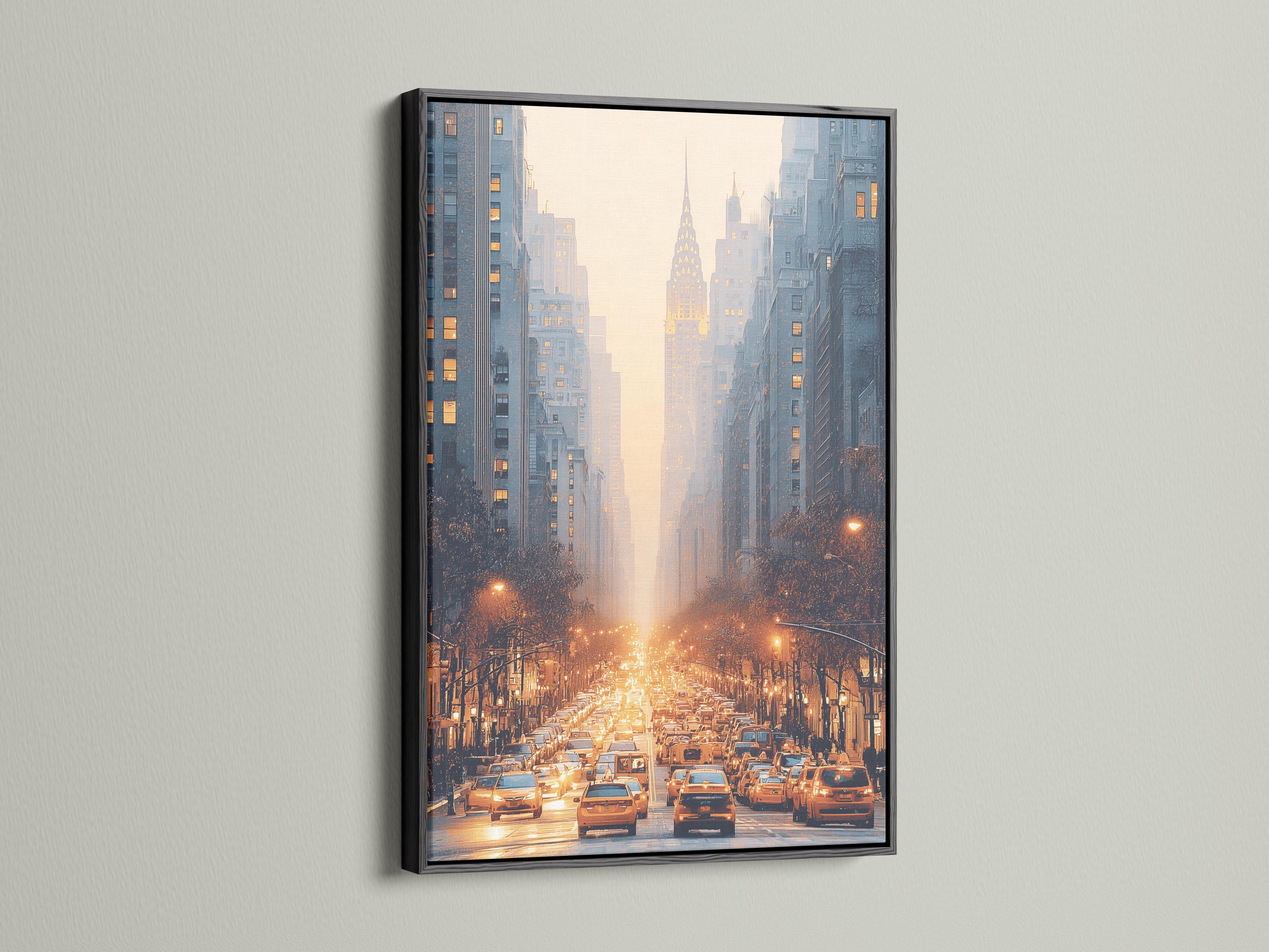 Golden hour city street with traffic, tall buildings and a tower silhouette in mist detail view