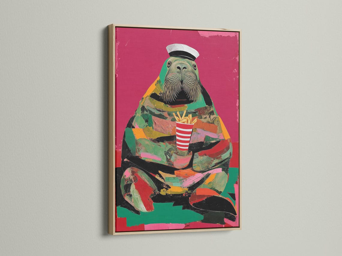 Stylised walrus wearing a captain hat with a striped cup of fries on a hot pink background detail view