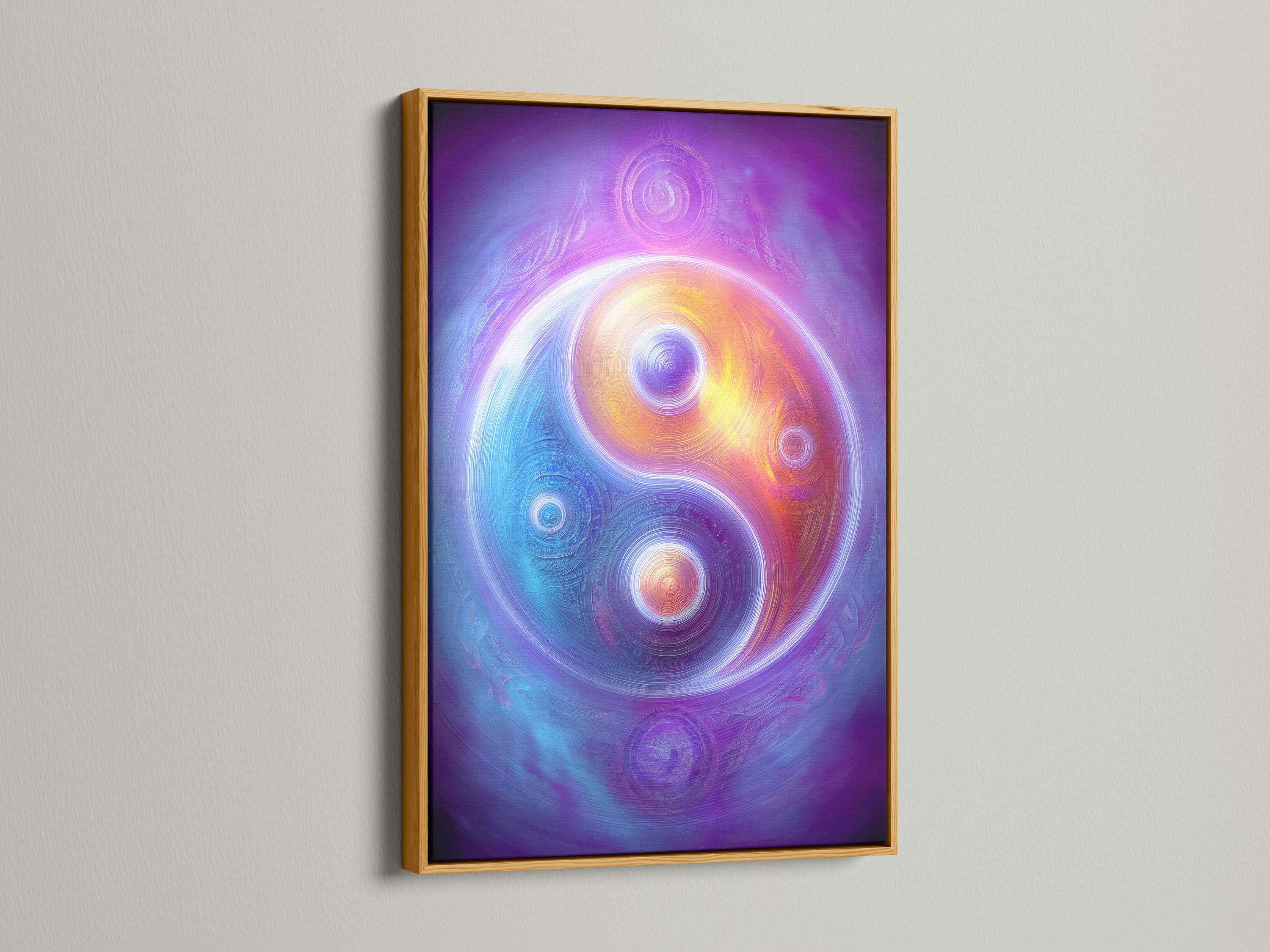 A cosmic purple artwork shows swirling concentric circles and two yin-yang style orbs with rainbow-like colour bands detail view