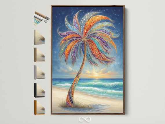 Boho Palm Tree Canvas Print - Beach Sunset Wall Art, Teal Orange