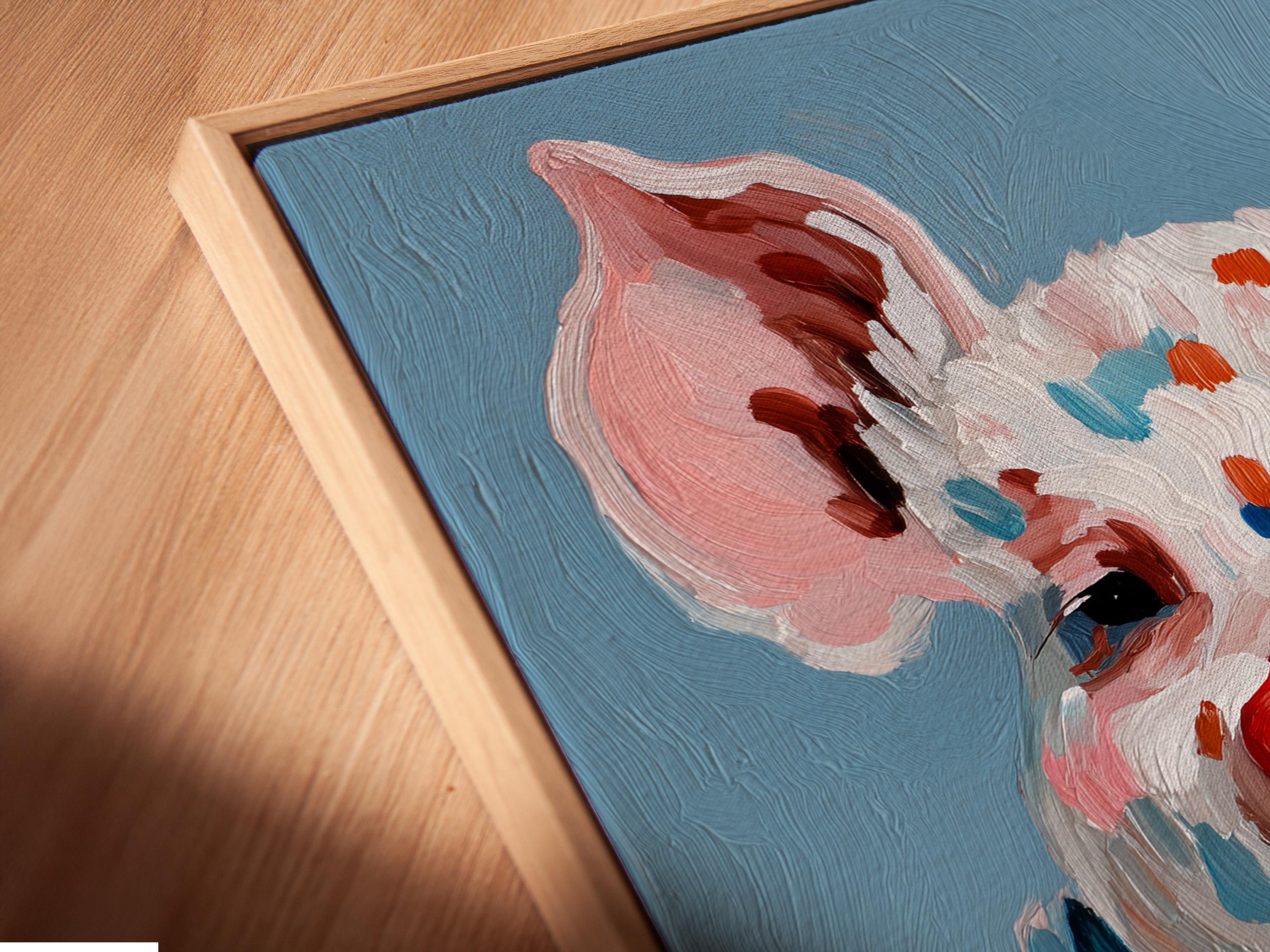 Painted pig portrait holding a cigar, with colourful floral and leaf shapes on a blue background detail view