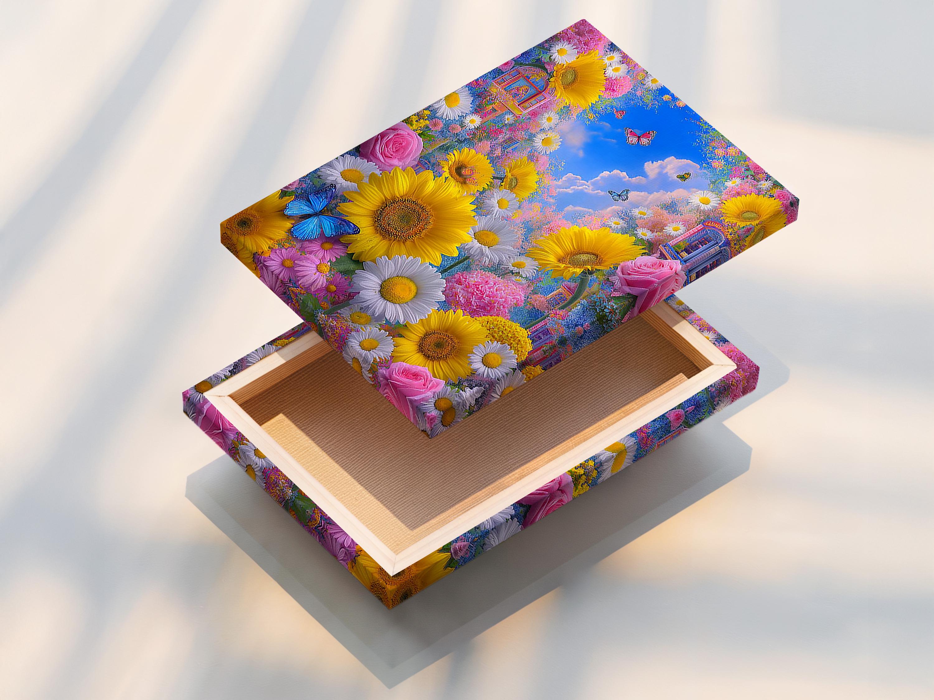Floral garden scene with sunflowers, daisies, pink roses, blue butterflies and a blue clouded sky detail view