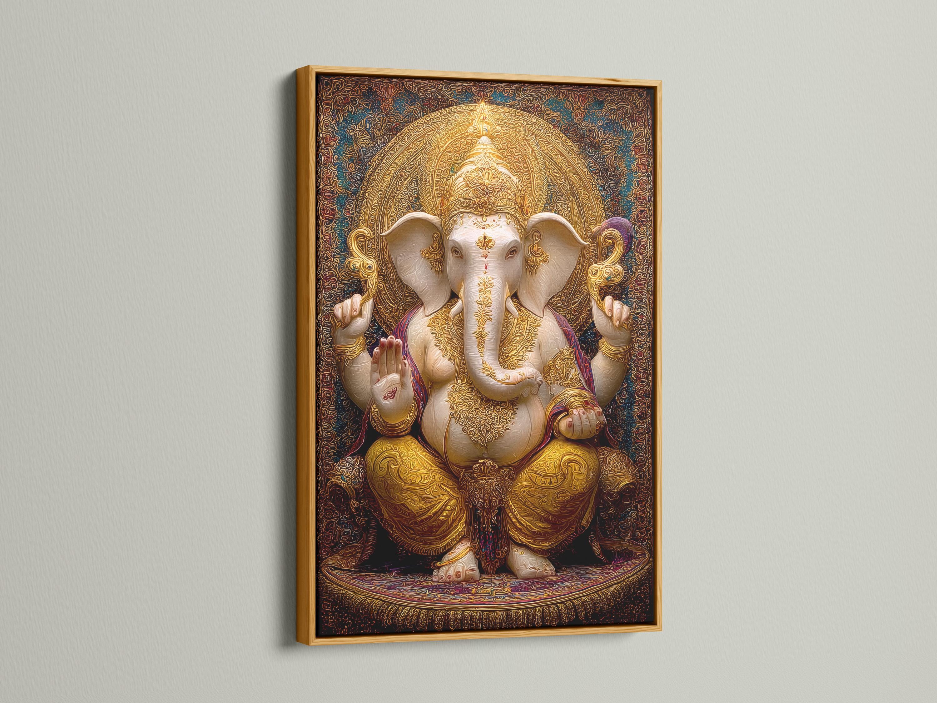 Room mockup showing a framed golden elephant-headed deity artwork with ornate halo design