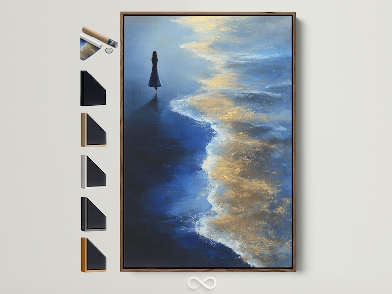 Painterly seascape with a lone silhouette standing in a blue ocean under glowing gold and ivory clouds