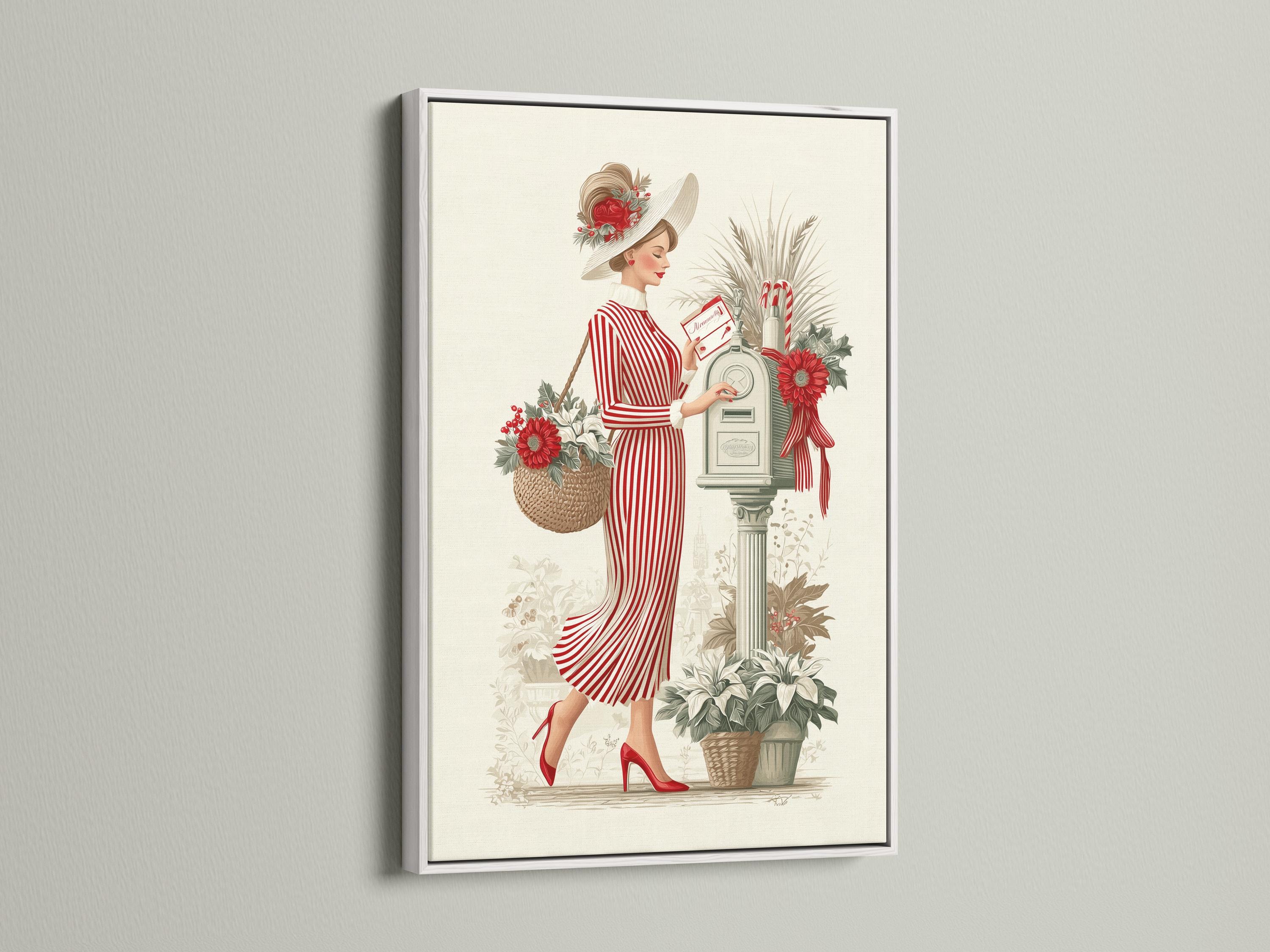 Vintage lady illustration in a red striped dress with a floral hat beside a vase of red flowers detail view
