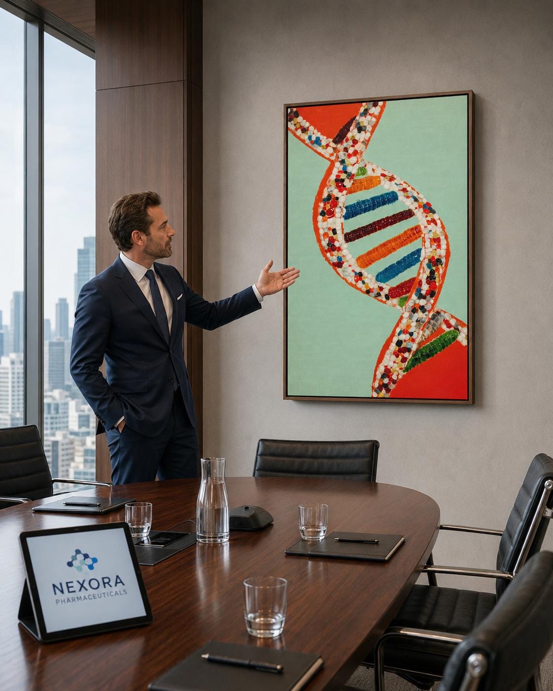 A researcher in a white lab coat stands next to a framed DNA double helix artwork