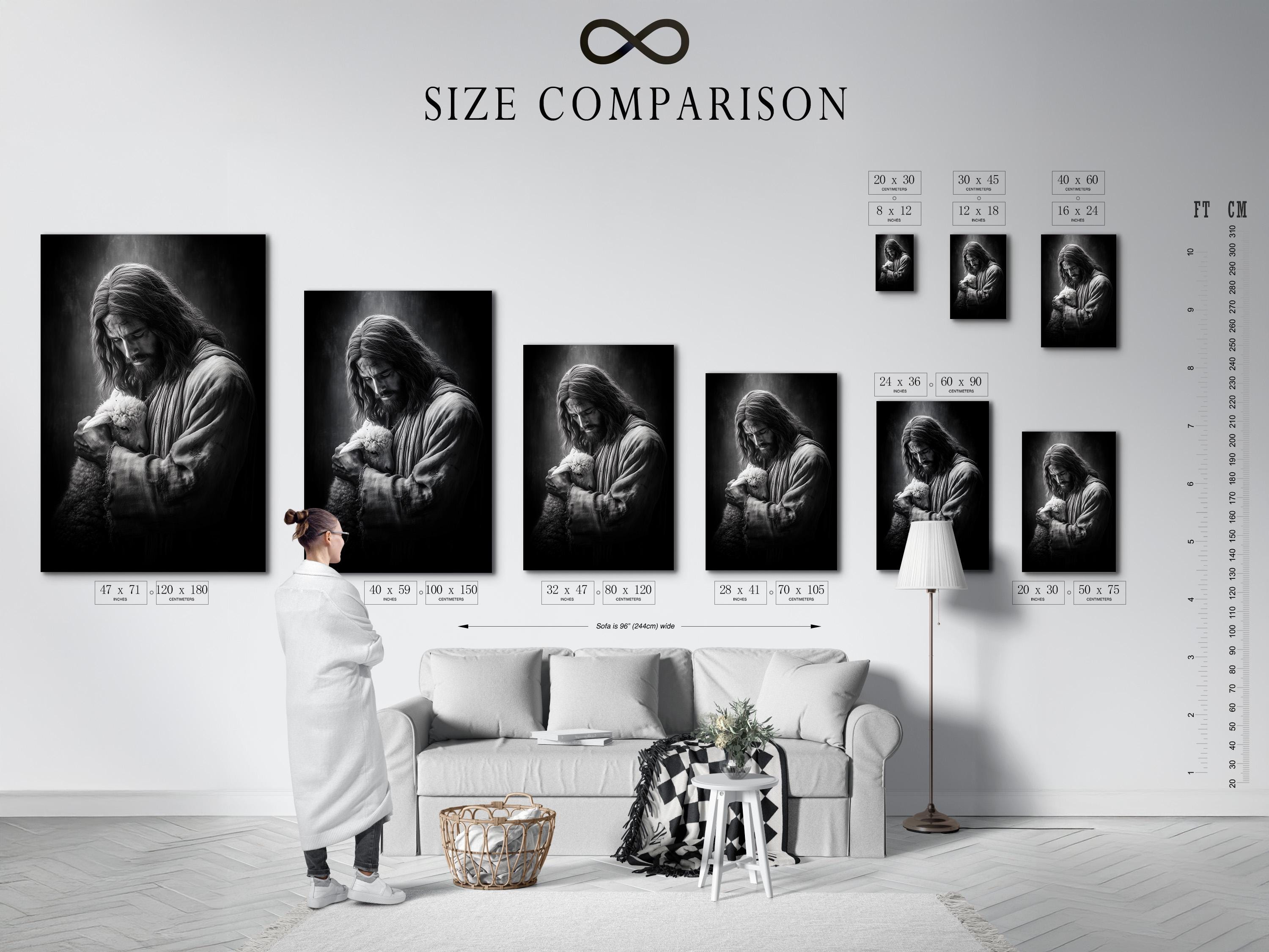 Framed black and white artwork of a shepherd holding a lamb shown on a wall mockup