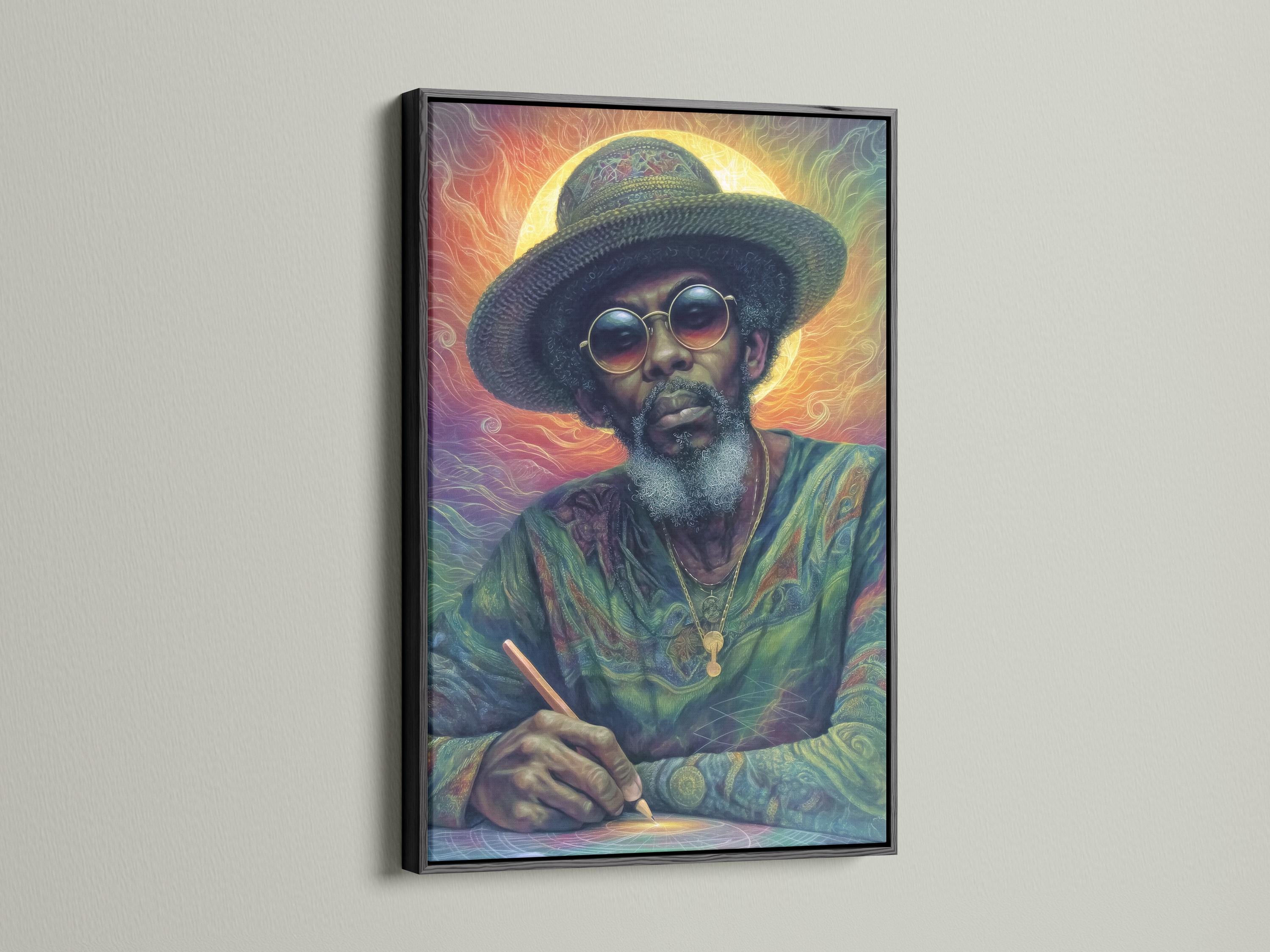 Stylised portrait of a man wearing a wide-brimmed hat and round glasses with a warm glowing halo background detail view