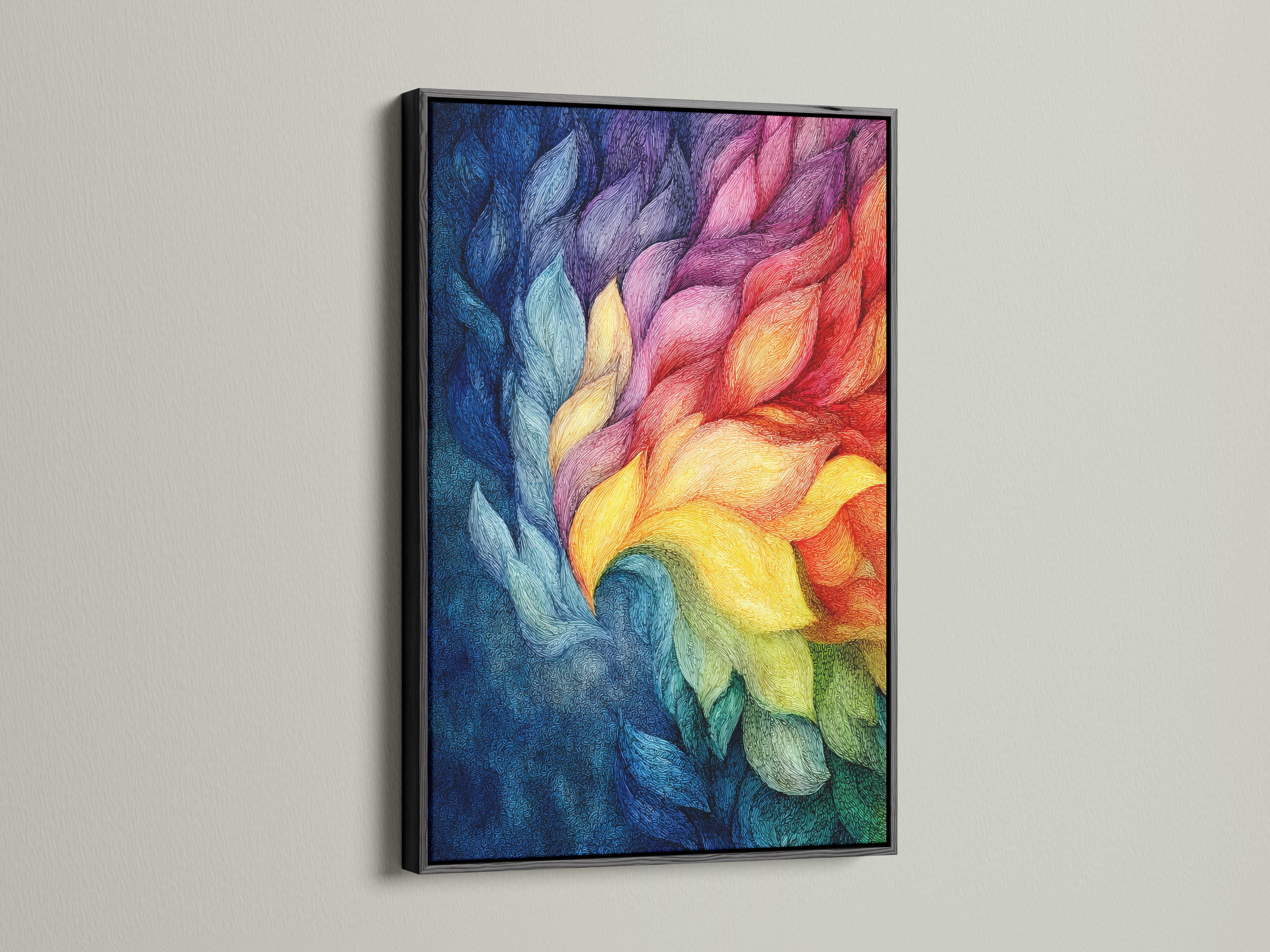 Person standing beside a framed rainbow abstract artwork in a bright room