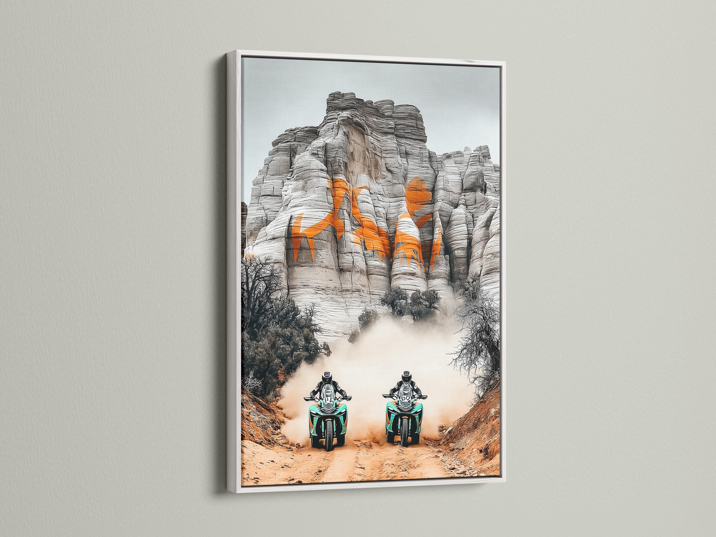 Two off-road motorcycles with turquoise accents racing through desert haze against grey cliffs detail view