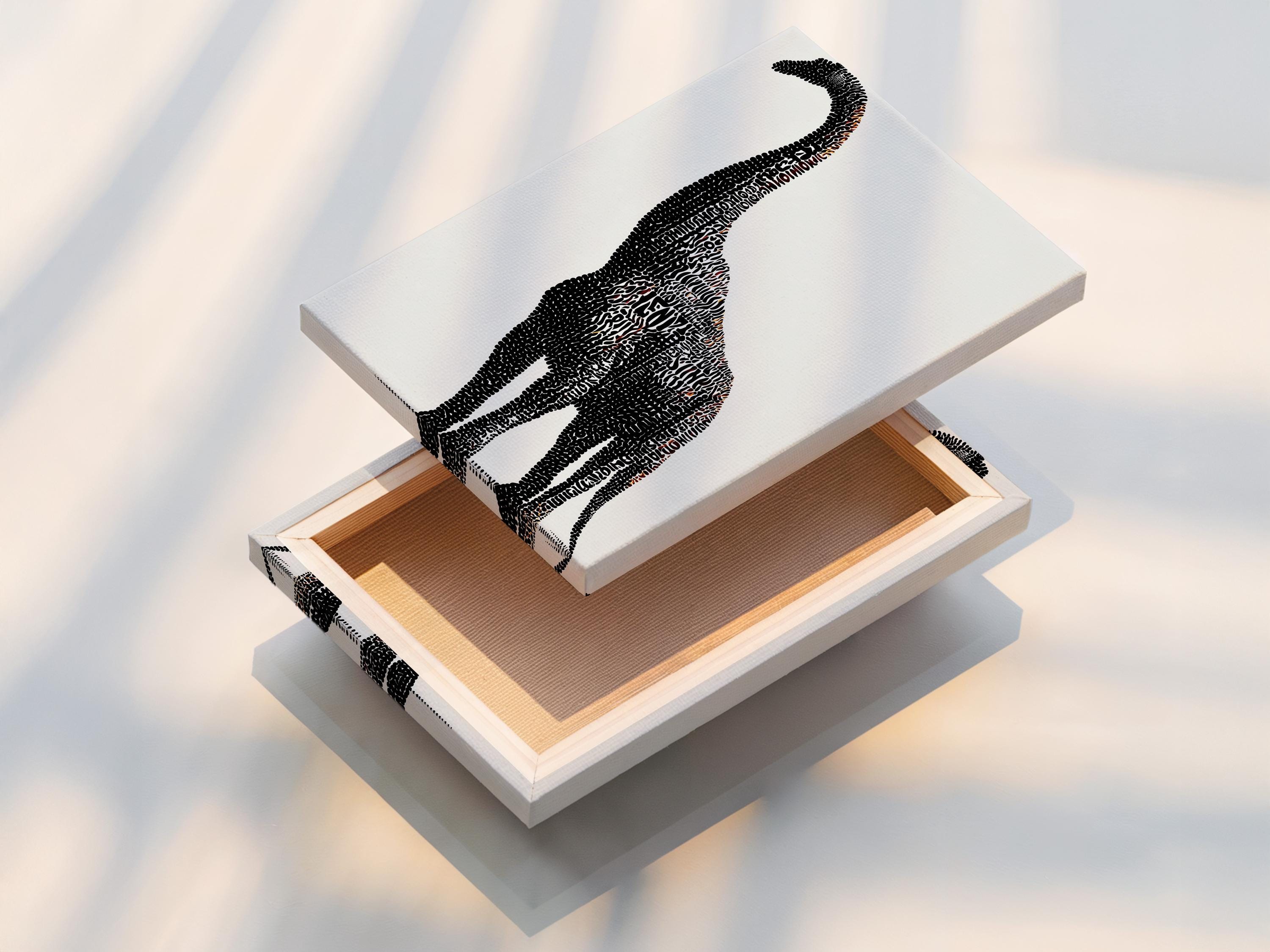 Brontosaurus silhouette made of dense black dots with small terracotta accents on a light background detail view