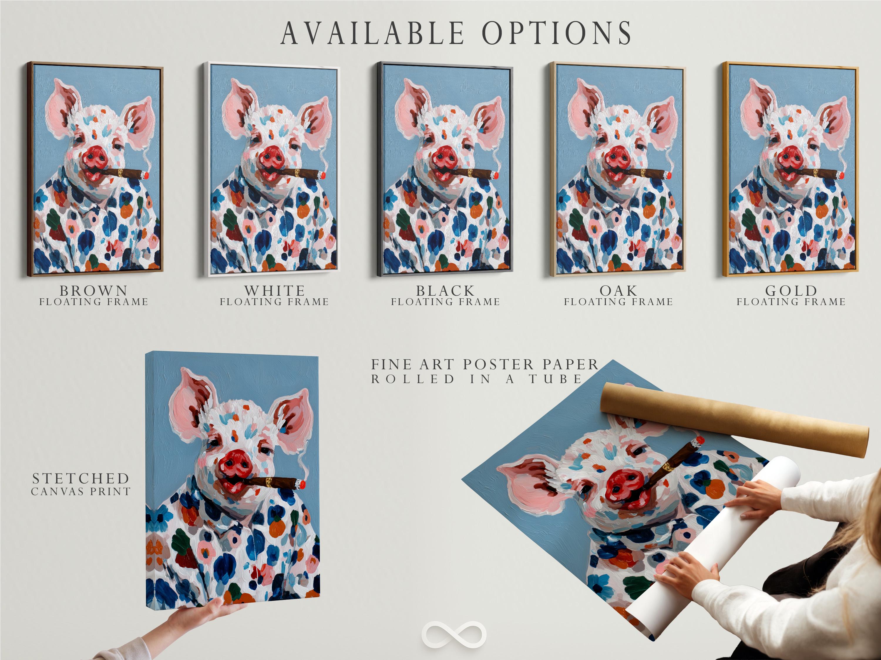 Painted pig portrait holding a cigar, with colourful floral and leaf shapes on a blue background detail view