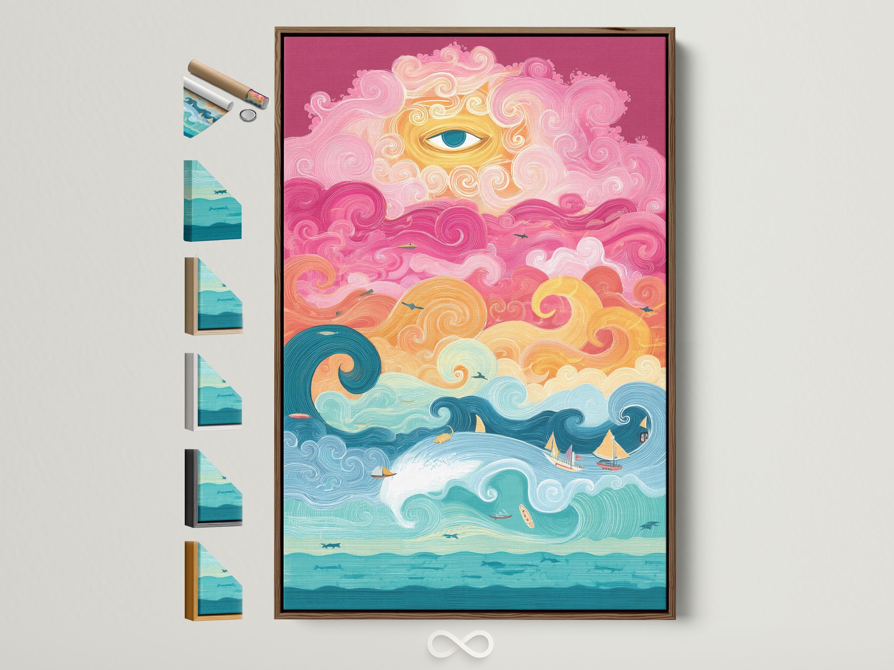 Colourful ocean scene with an eye in the sky, swirling clouds, waves, sailboats and fish