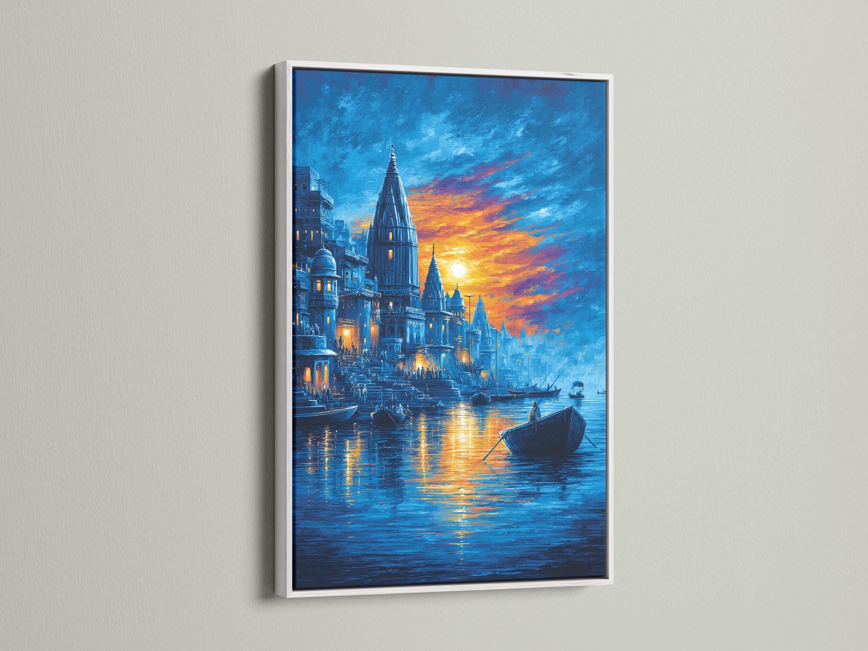 Blue sunset cityscape with temple-like towers above a river, boats, and golden reflections detail view