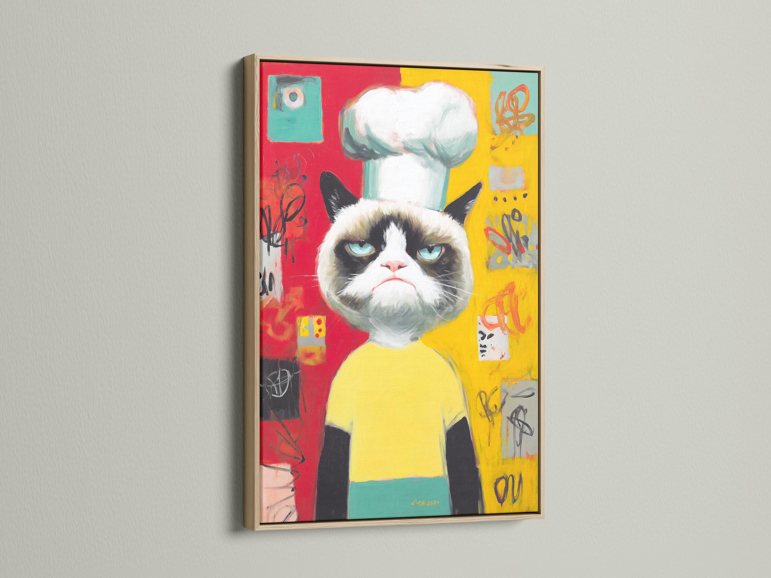 Pop art style grumpy cat wearing a yellow chef outfit with blue-green eyes detail view