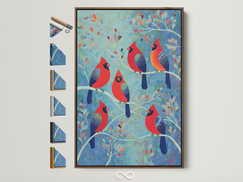 Portrait wildlife artwork with red cardinals perched on branches against a teal blue background