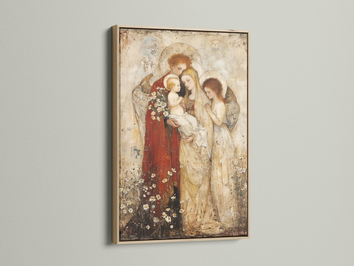 Room mockup featuring a framed religious artwork of Madonna holding a baby with winged angels