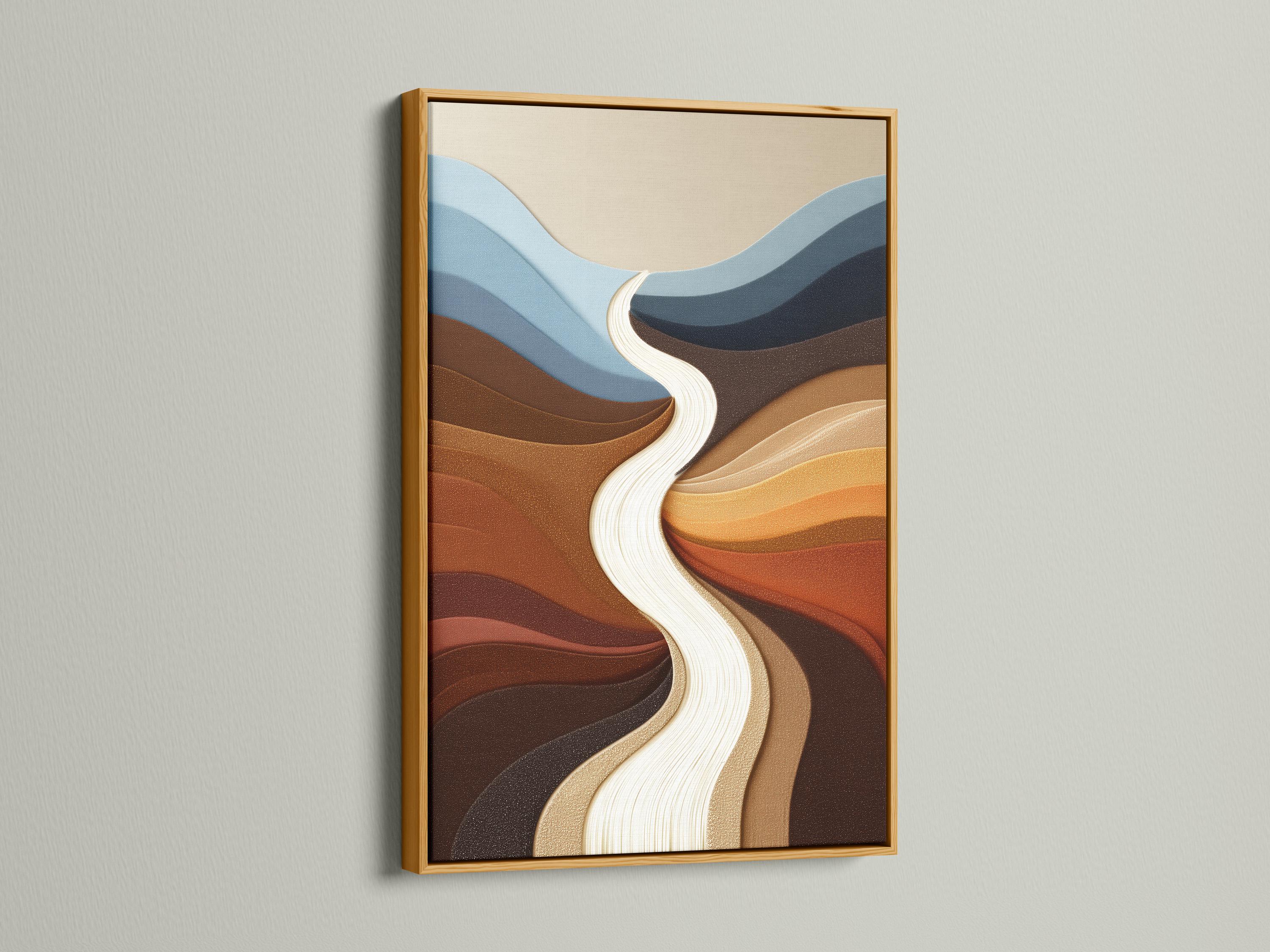 Abstract river-like flow with cream ribbon, blue-grey bands and warm brown terracotta curves detail view