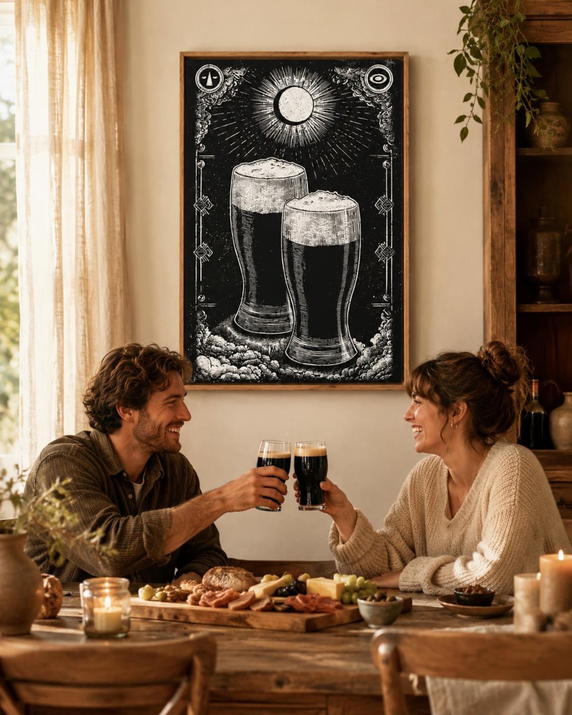 Person holding a framed black-and-white beer mug illustration in a workshop-style bar setting