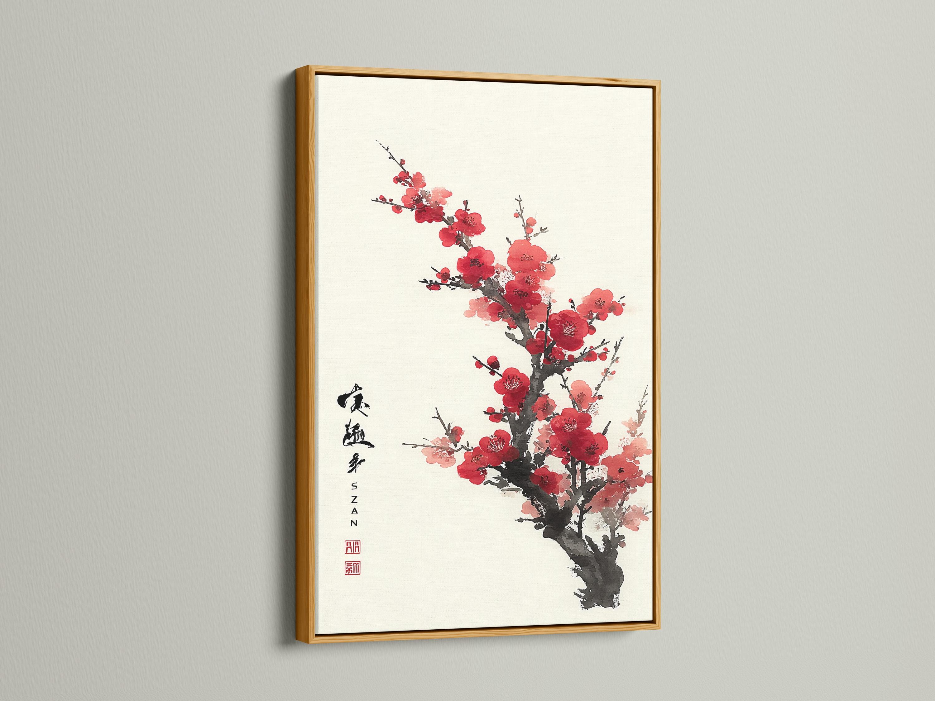 Red and pink plum blossoms on a black ink tree branch with vertical calligraphy and a red seal detail view